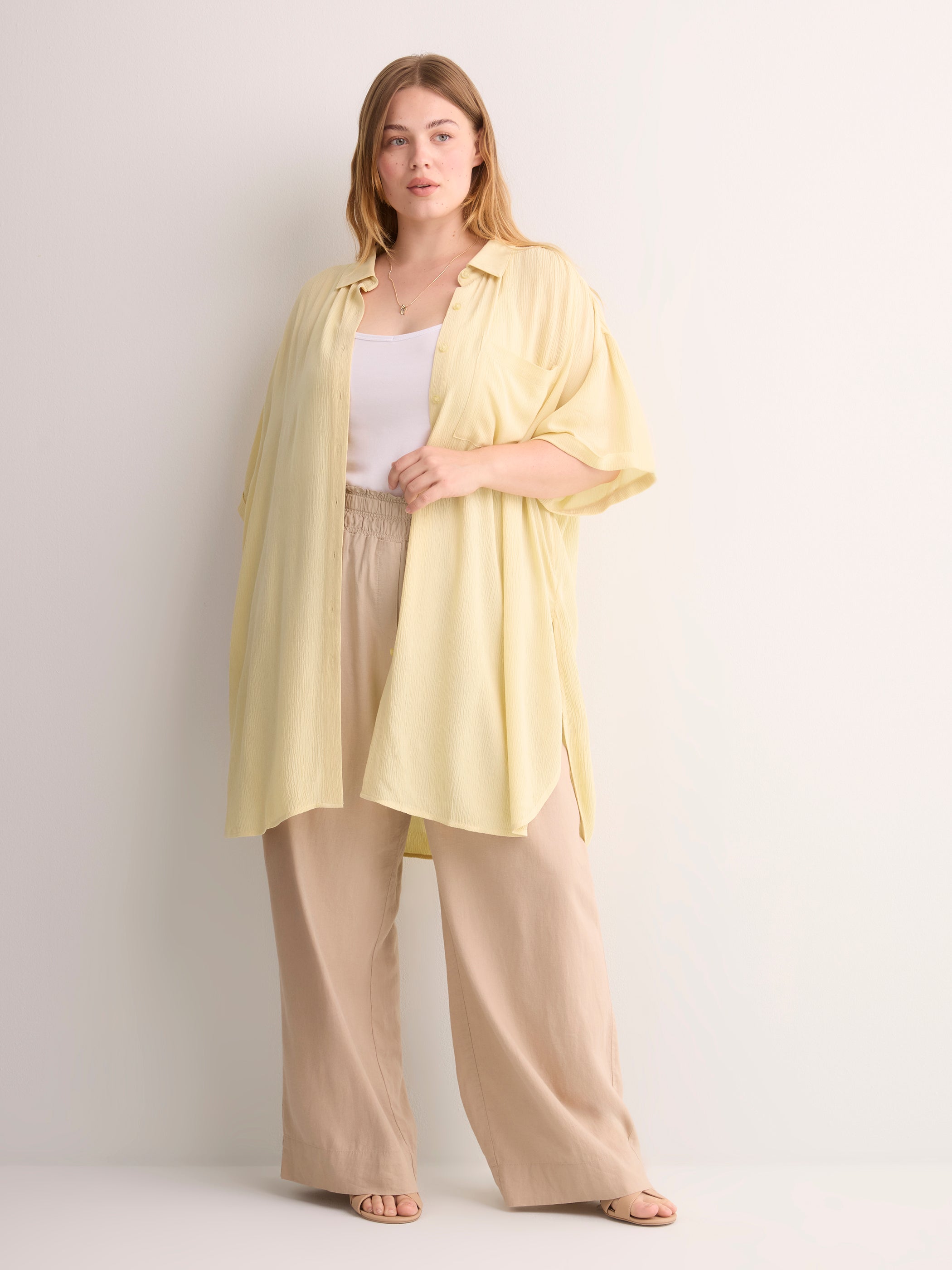 Loose-Fit Short-Sleeve Crinkle Buttoned-Down Tunic