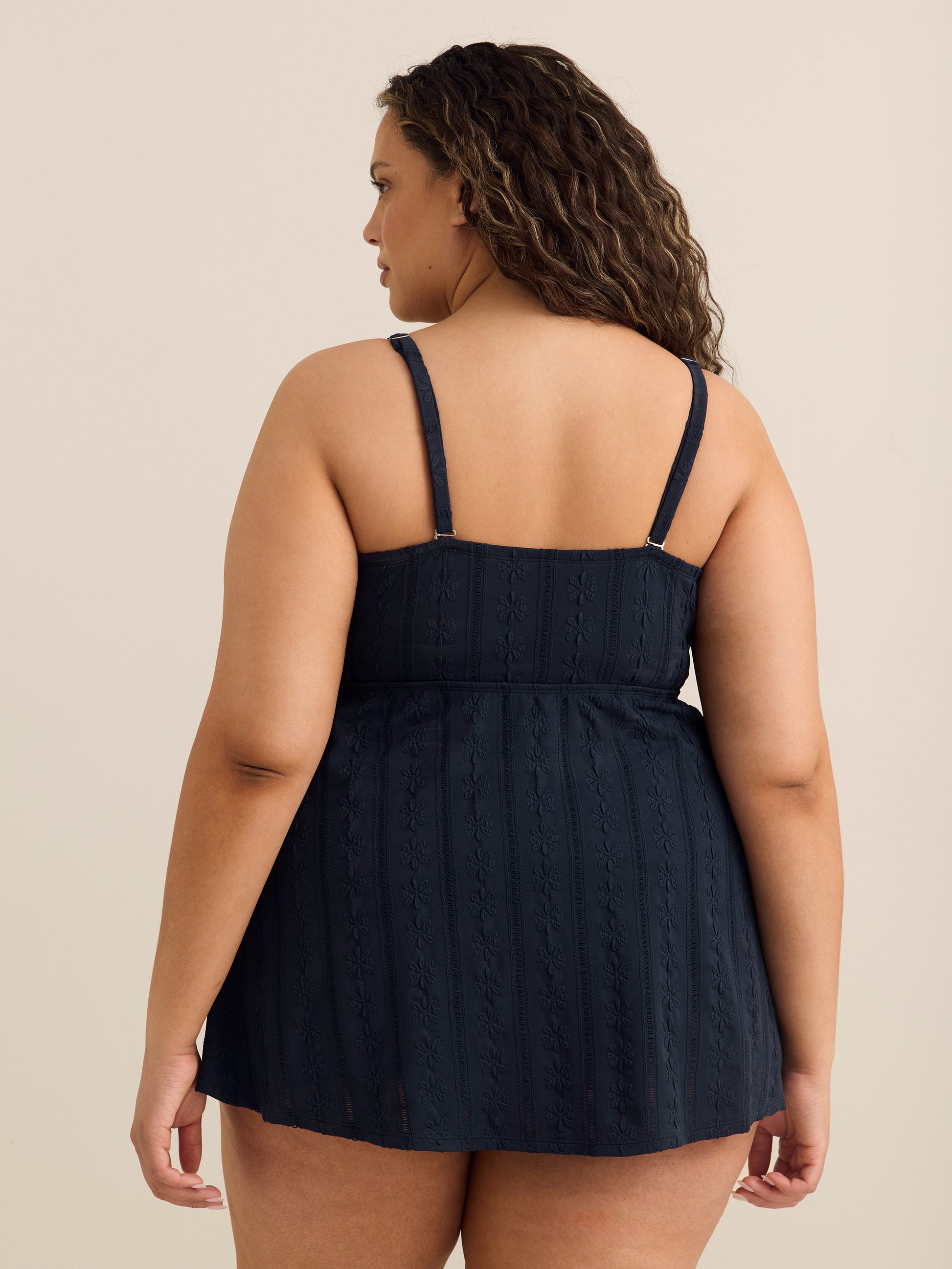 Navy Blue Eyelet-Textured Front-Tie Swim Dress
