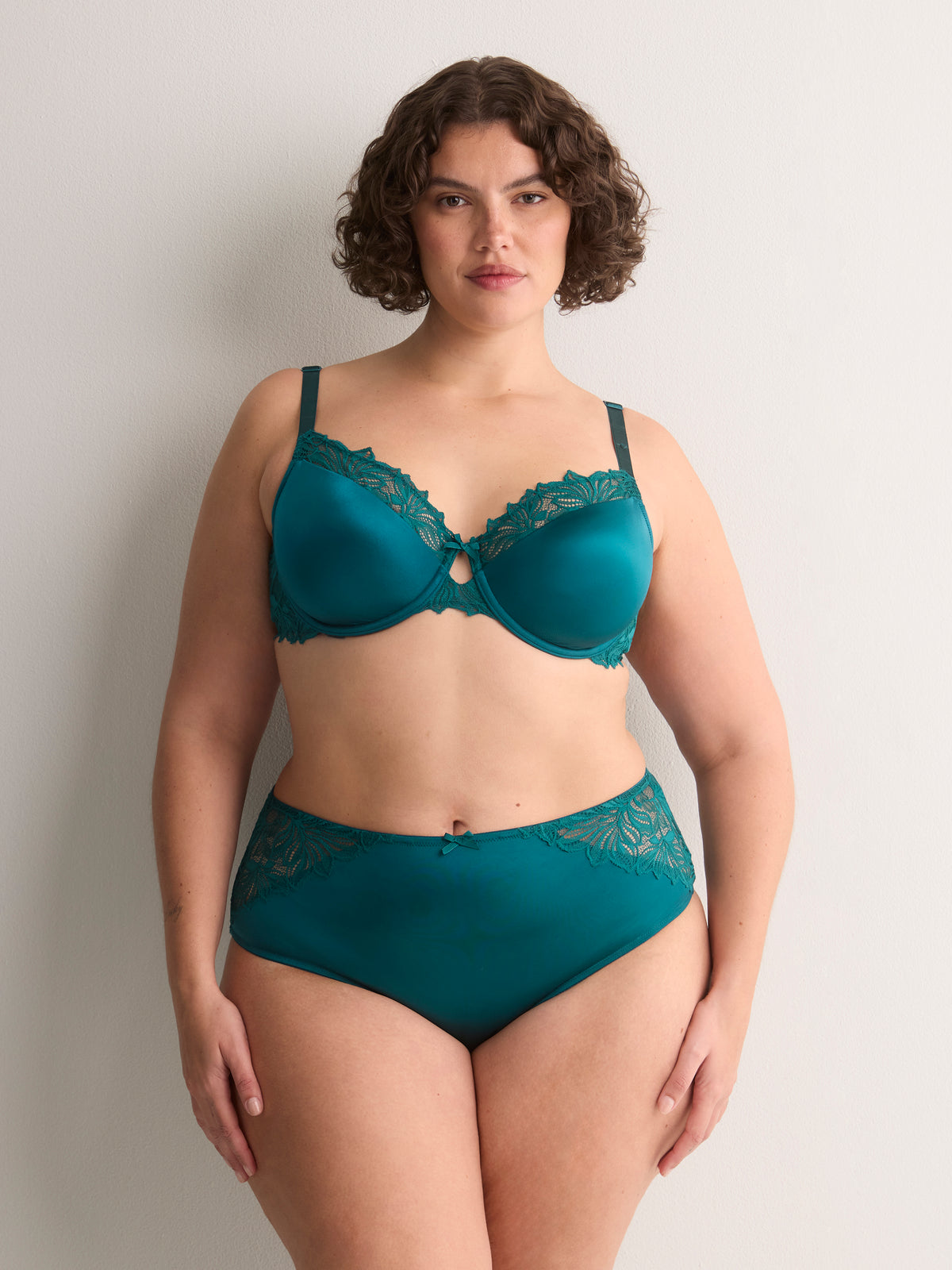 Green Satin Padded Underwire Balconette Bra with Lace - Déesse Collection