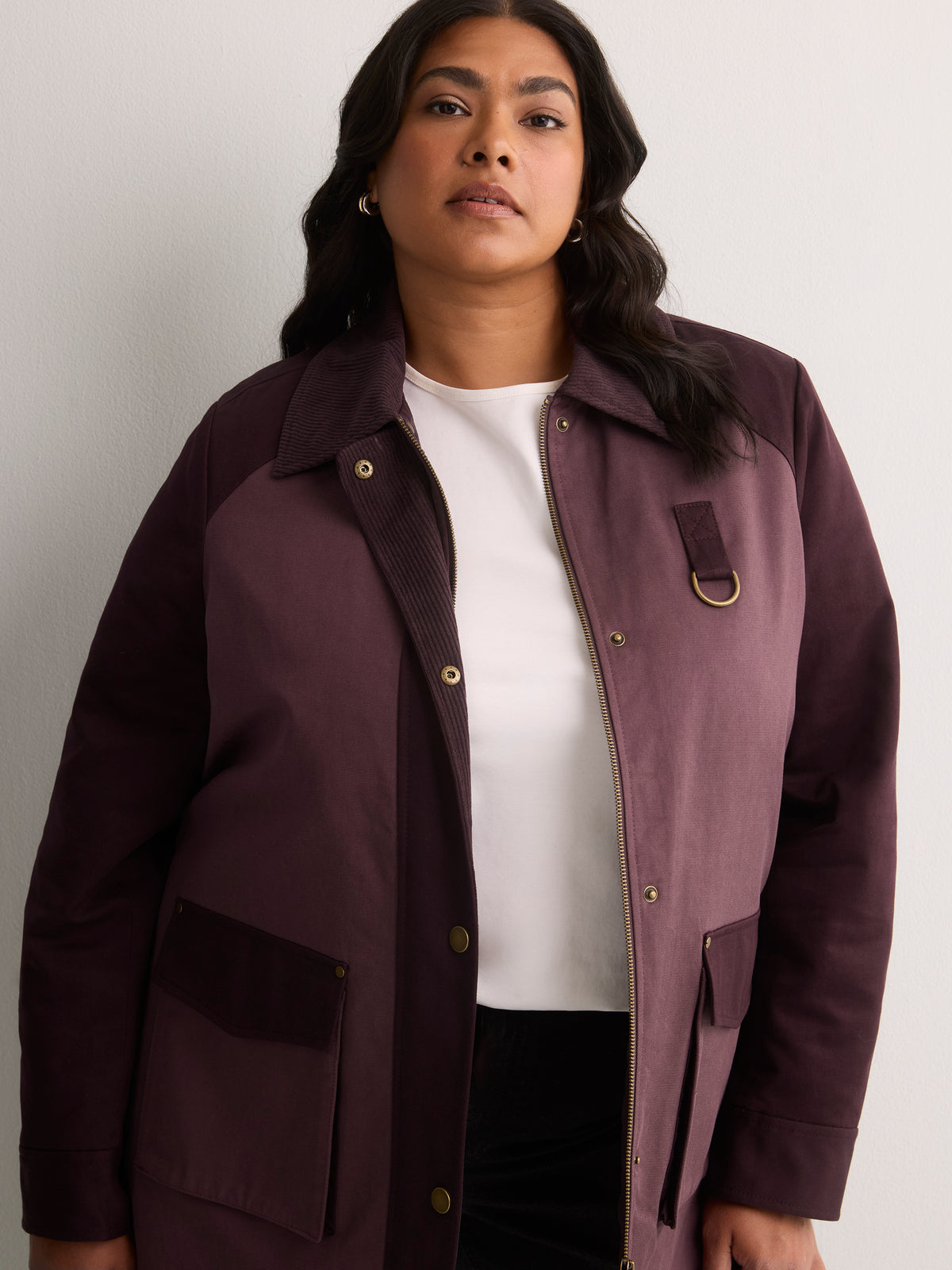 Long Two-Tone Barn Jacket with Corduroy Collar
