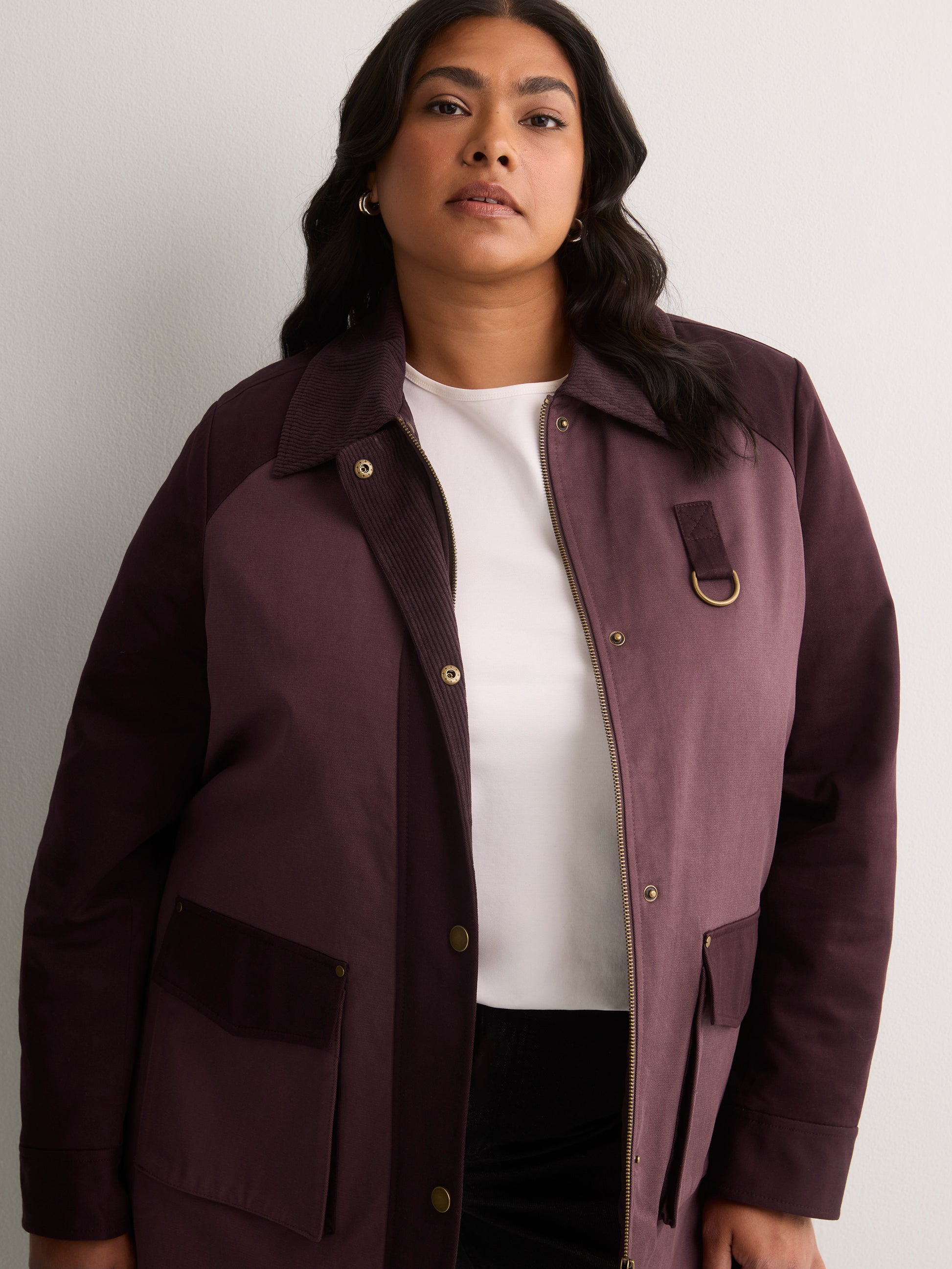 Long Two-Tone Barn Jacket with Corduroy Collar