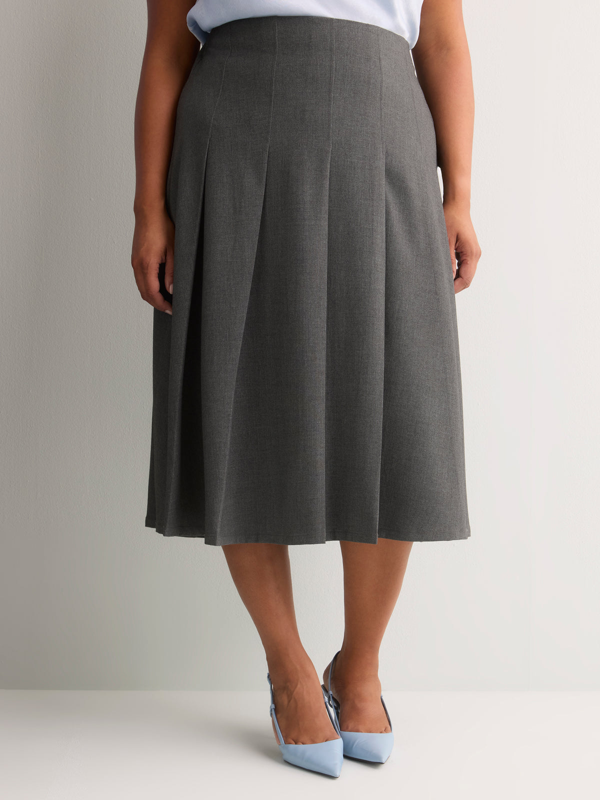 Grey Pleated Pull-On Midi Skirt