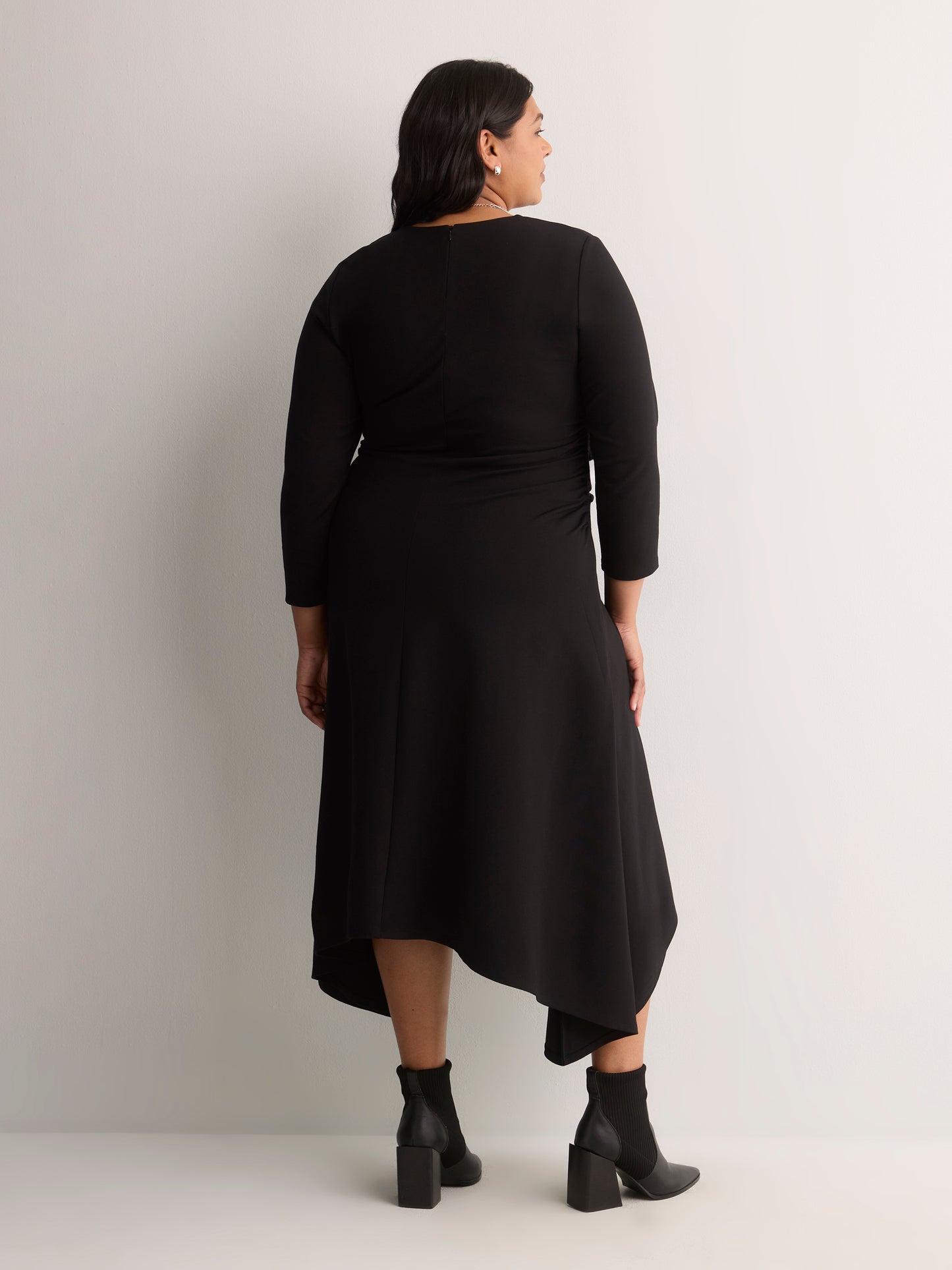 Black Fit and Flare V-Neck Shirred Knit Midi Dress - Addition Elle