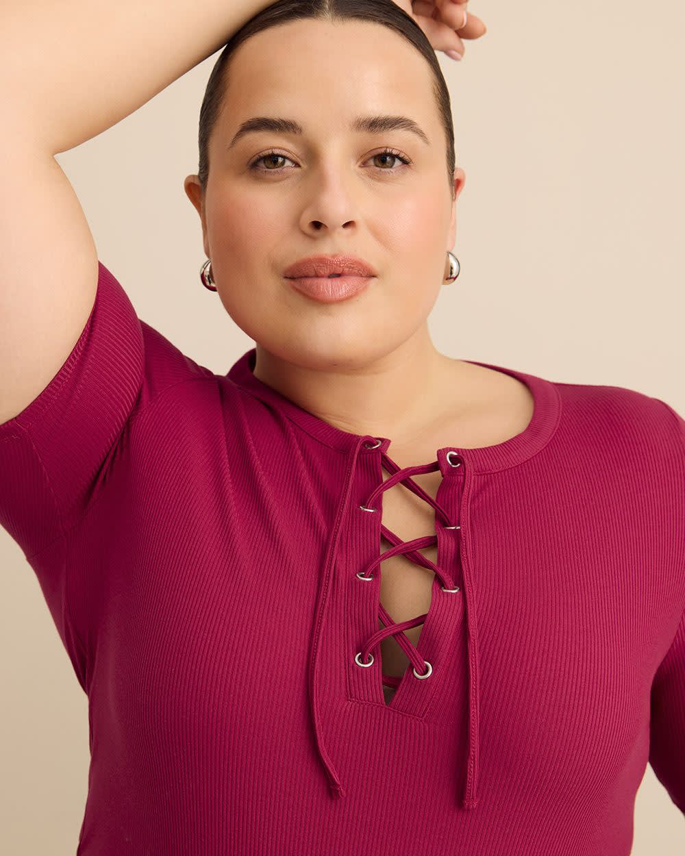 Elbow-Sleeve Top with Lace-Up Front Neckline