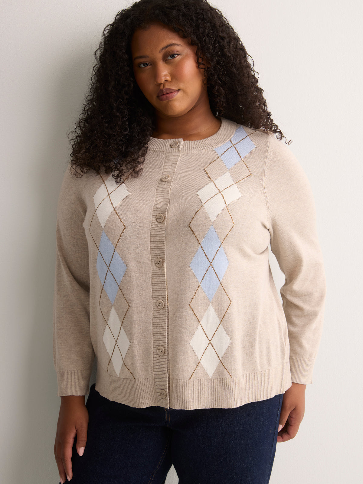 Responsible, Argyle Buttoned-Down Cotton Blend Crew Neck Cardigan