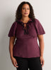 Drawcord Crew-Neck Empire Satin Blouse with Lace