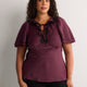 Drawcord Crew-Neck Empire Satin Blouse with Lace