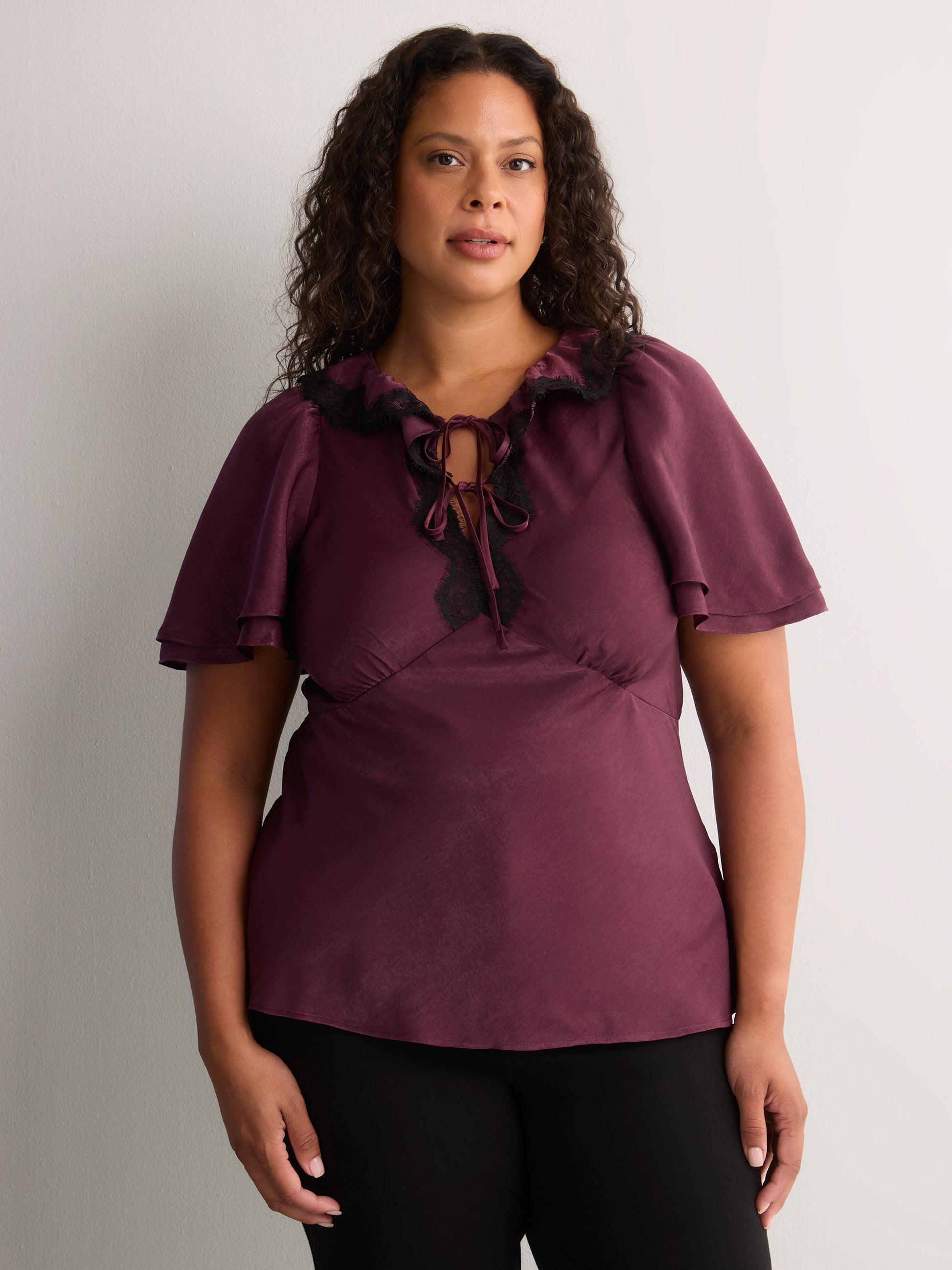 Drawcord Crew-Neck Empire Satin Blouse with Lace