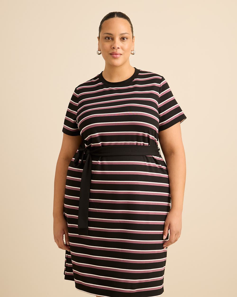 Black Striped Knit Dress with Removable Belt