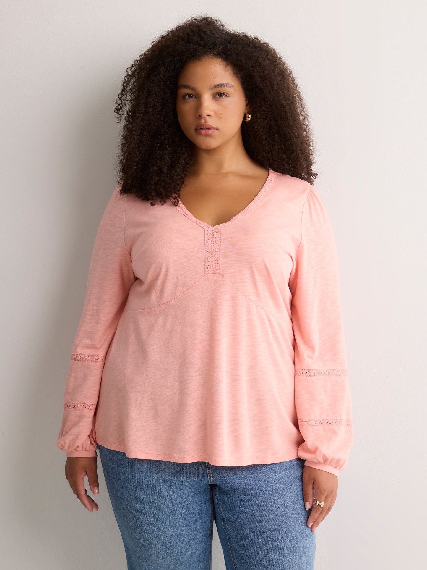 Slight Swing V-Neck Blouse with Crochet Tape