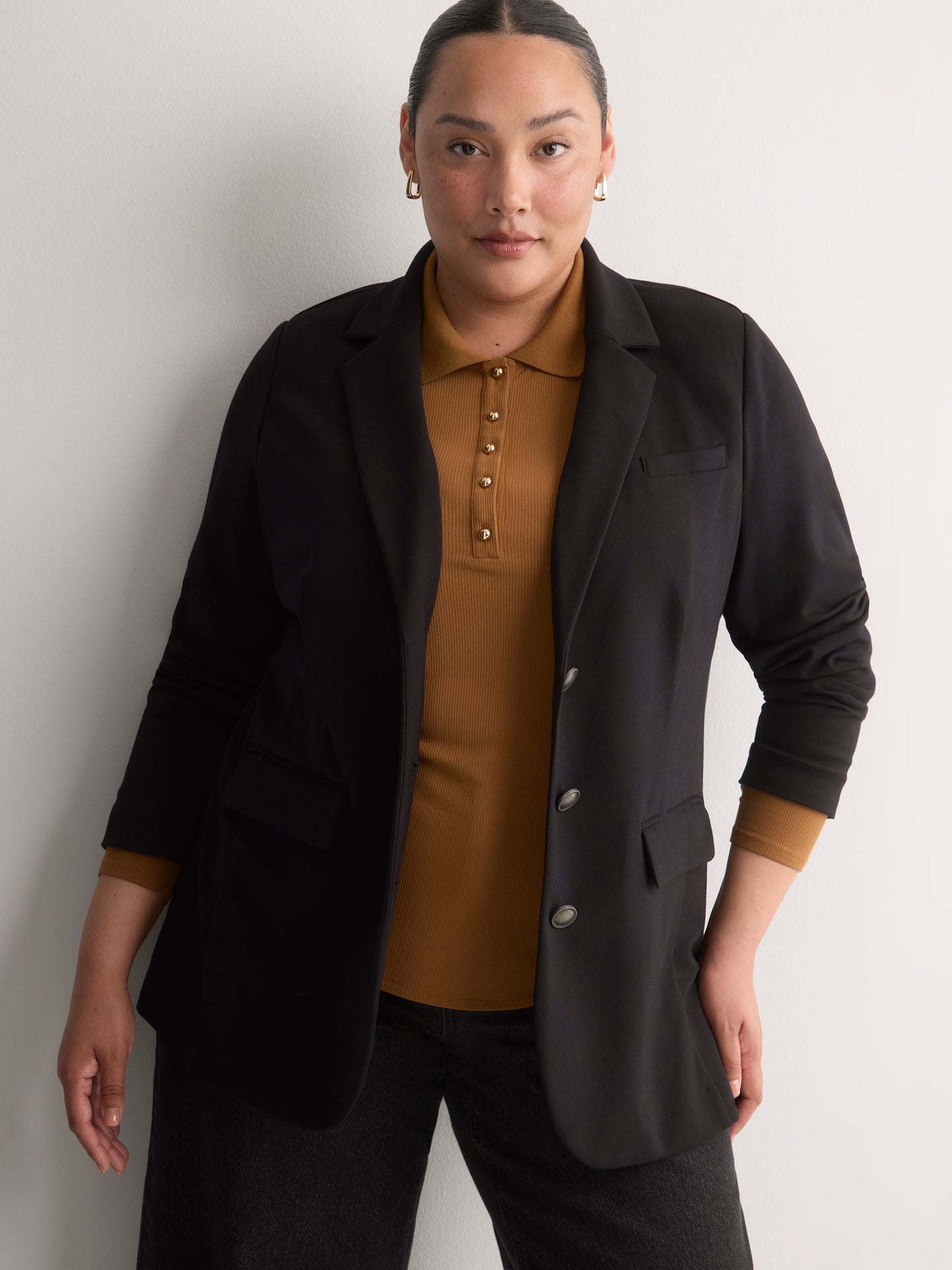 Black Single-Breasted Tailored Knit Blazer