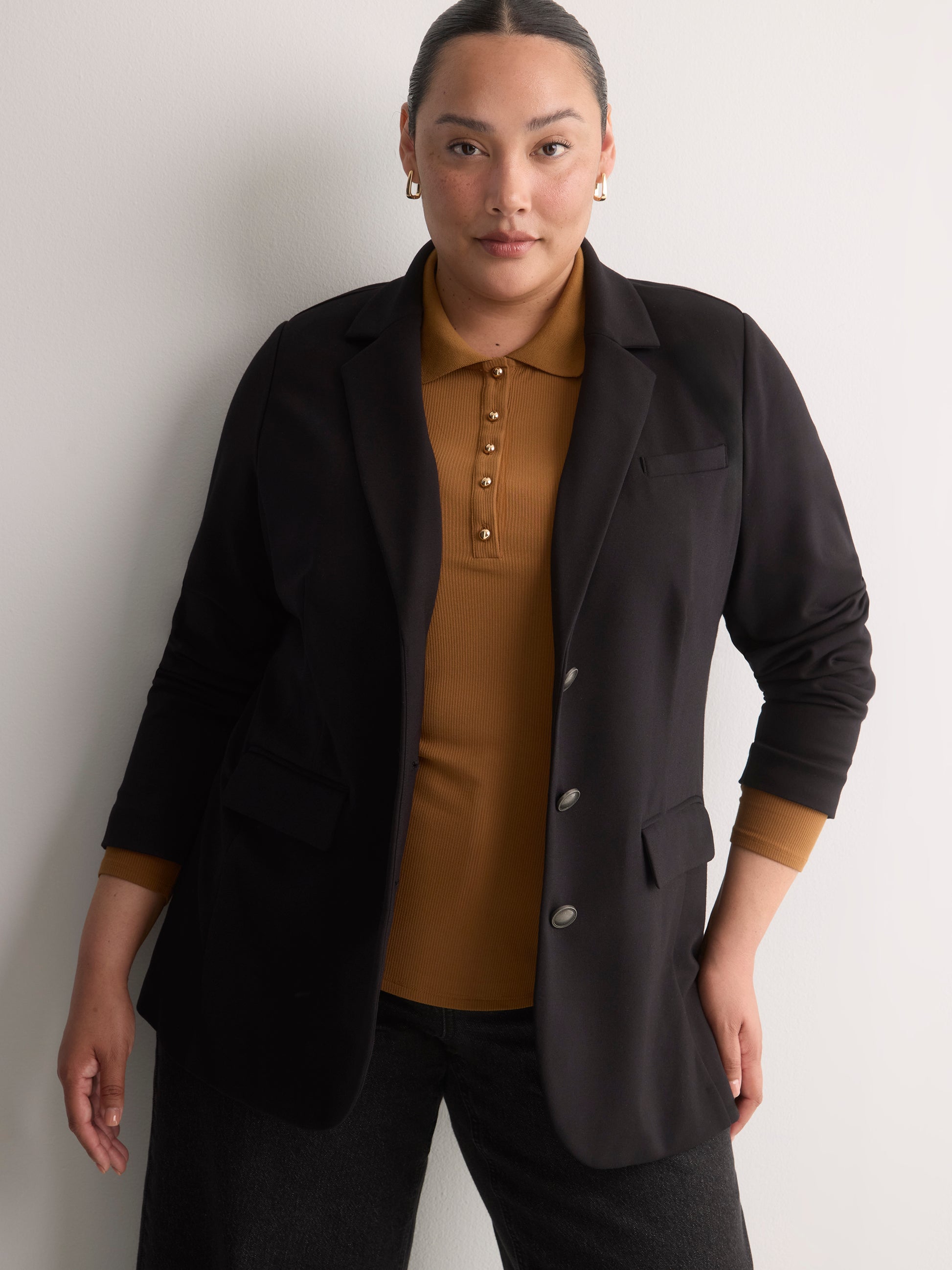 Black Single-Breasted Tailored Knit Blazer