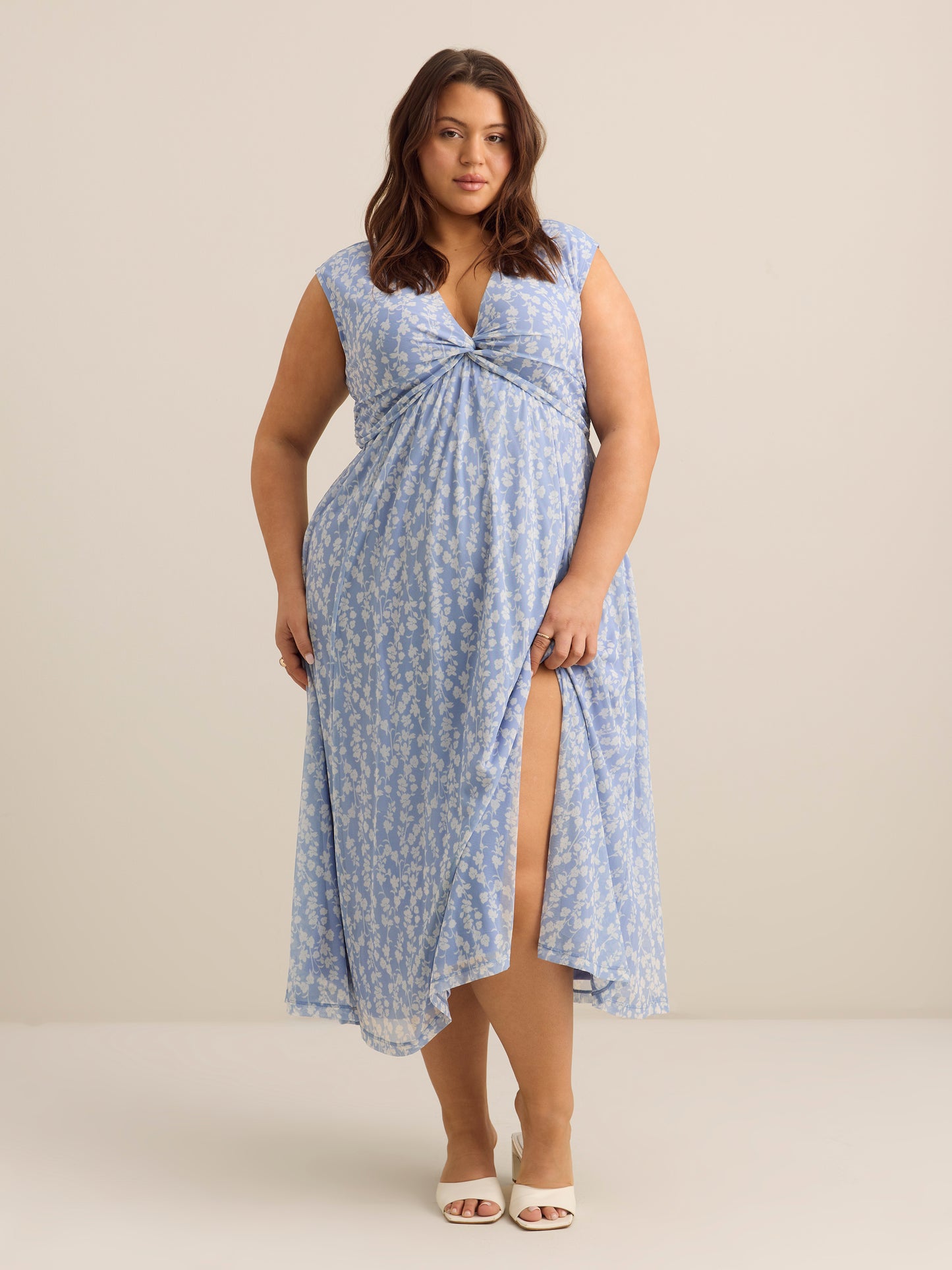 Knotted V-Neck Mesh Maxi Dress - Addition Elle