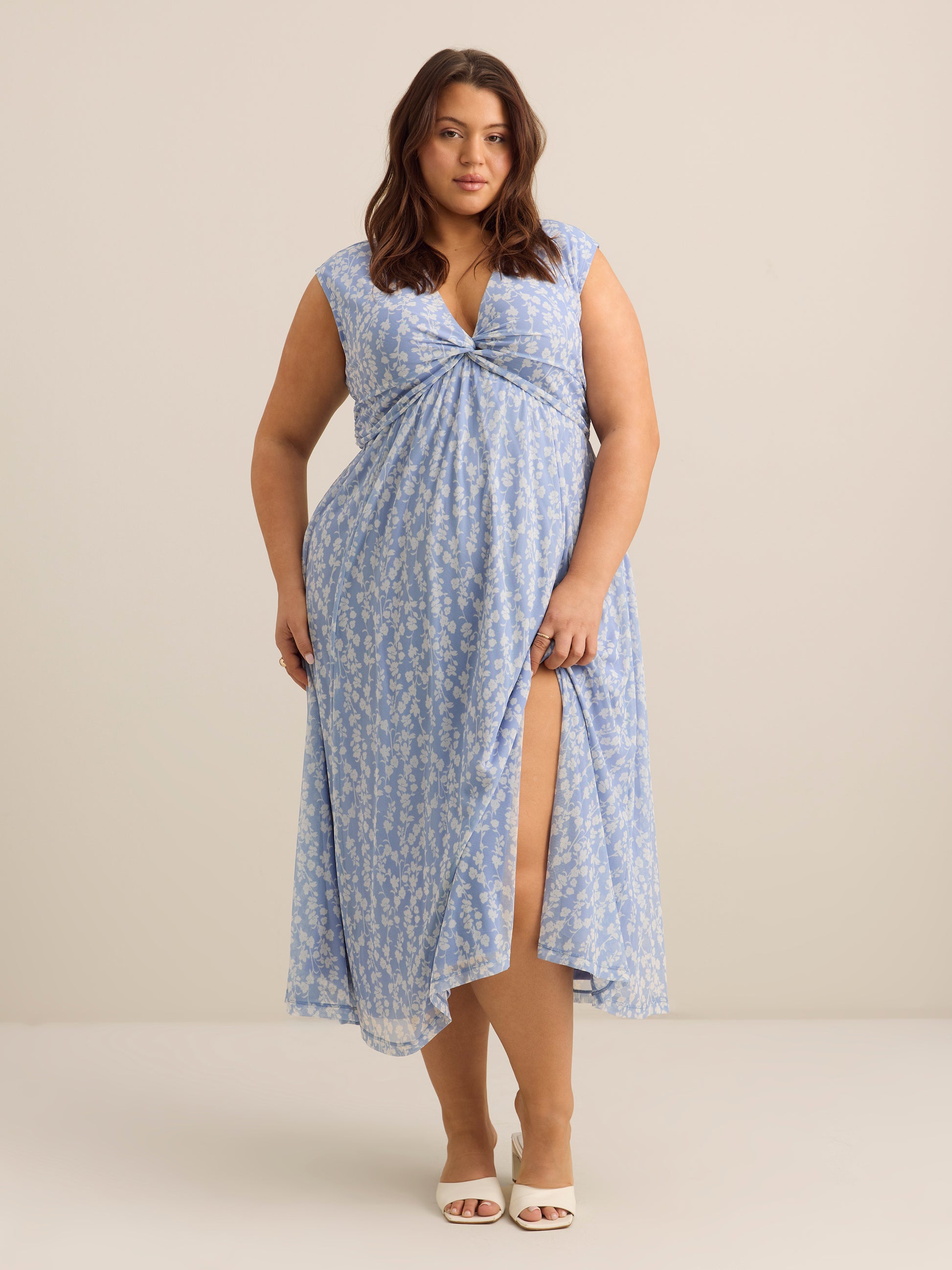 Knotted V-Neck Mesh Maxi Dress - Addition Elle