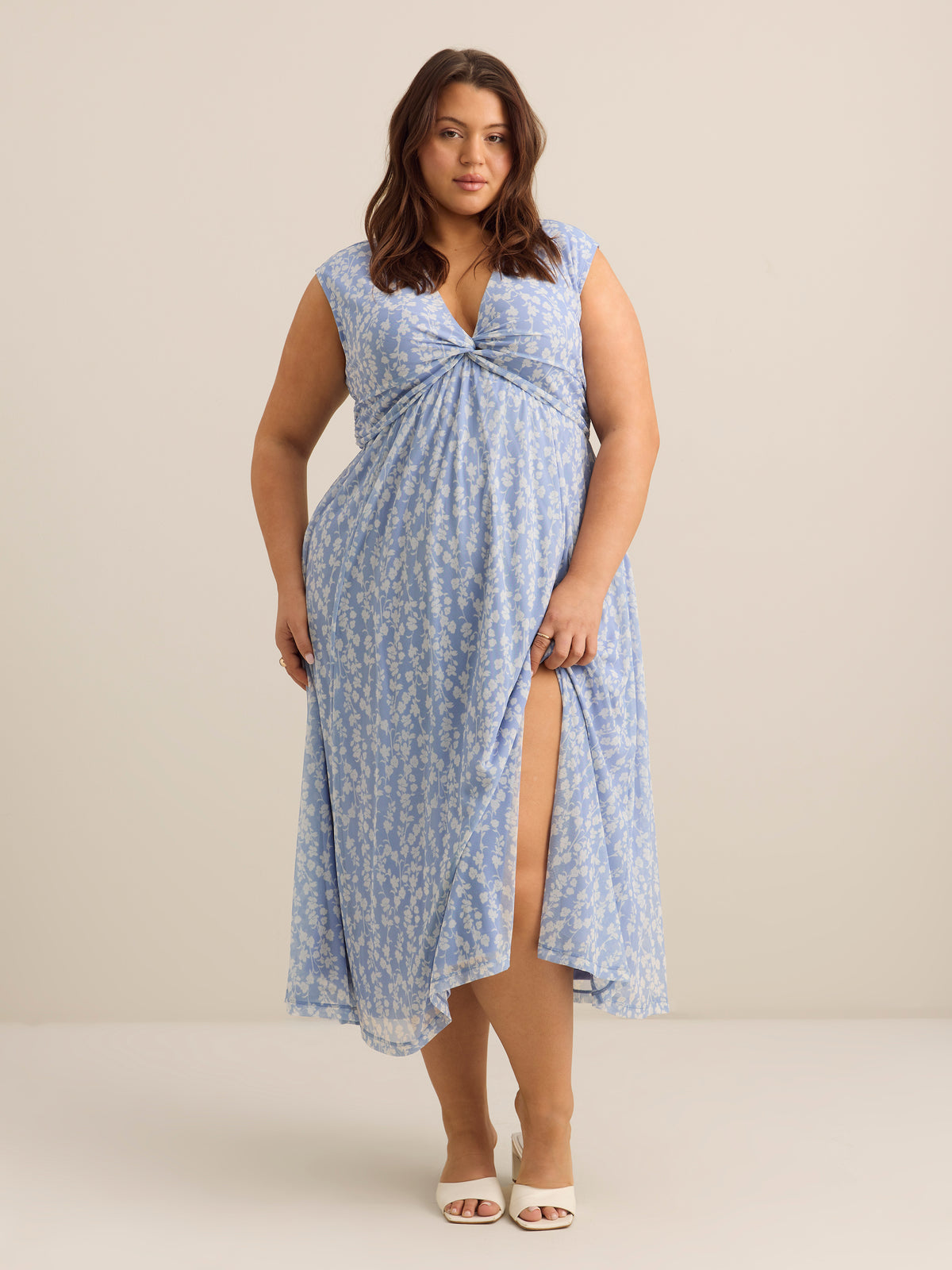 Knotted V-Neck Mesh Maxi Dress - Addition Elle