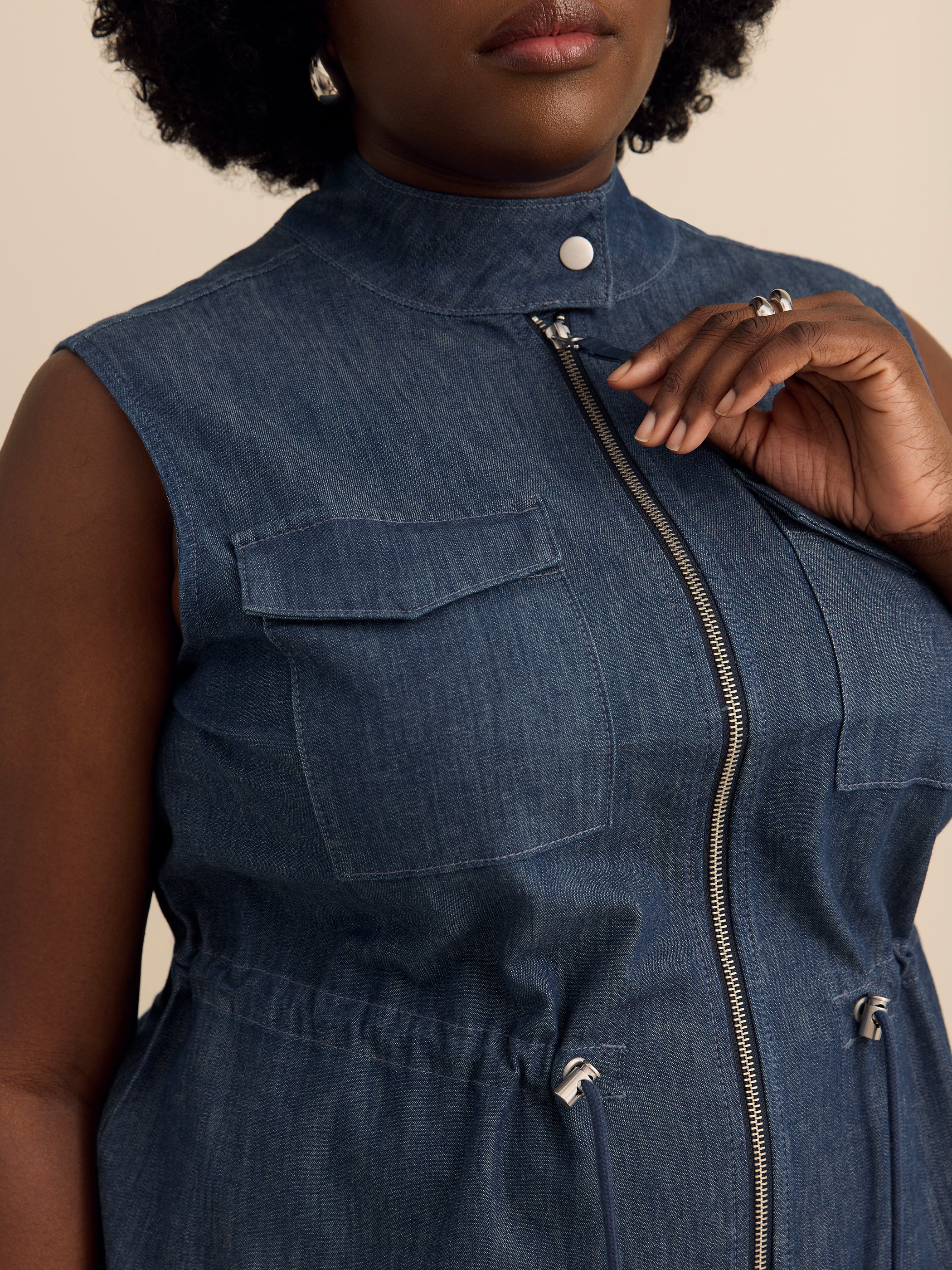 d/C JEANS Plus Size Safari Denim Vest Sleeveless Adjustable Waist