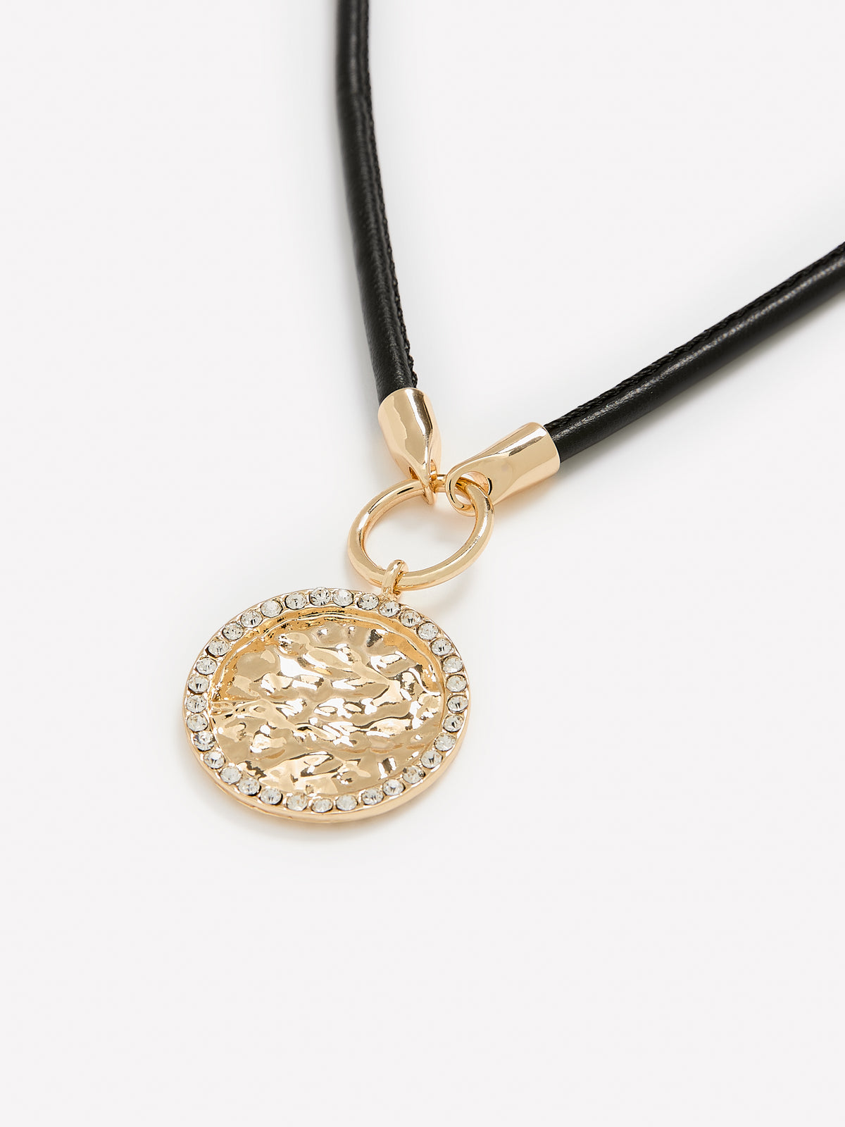 Short Black Corded Necklace with Hammered Charm Pendant