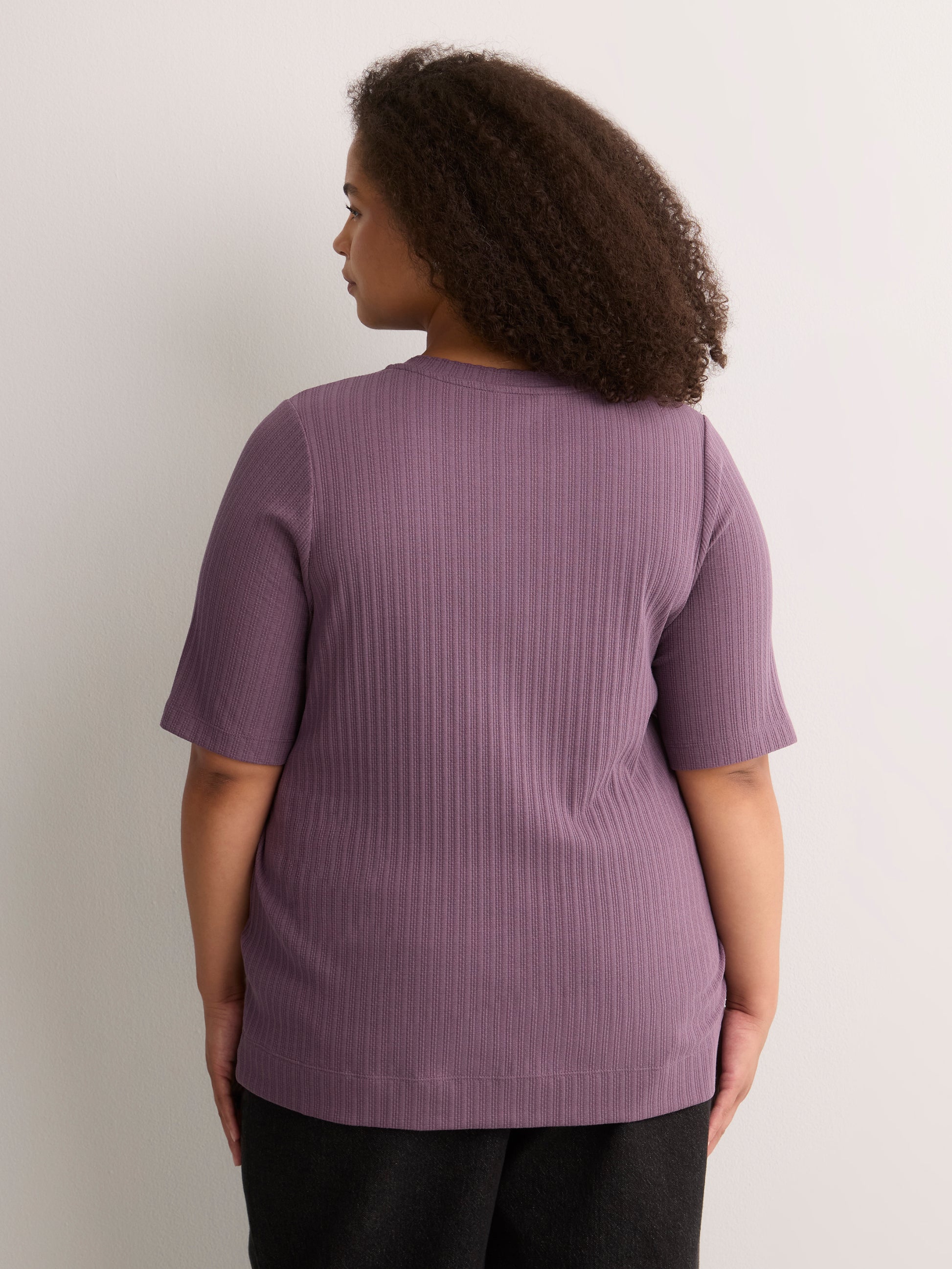 Straight Elbow-Sleeve Plum Pointelle Knit Henley Top