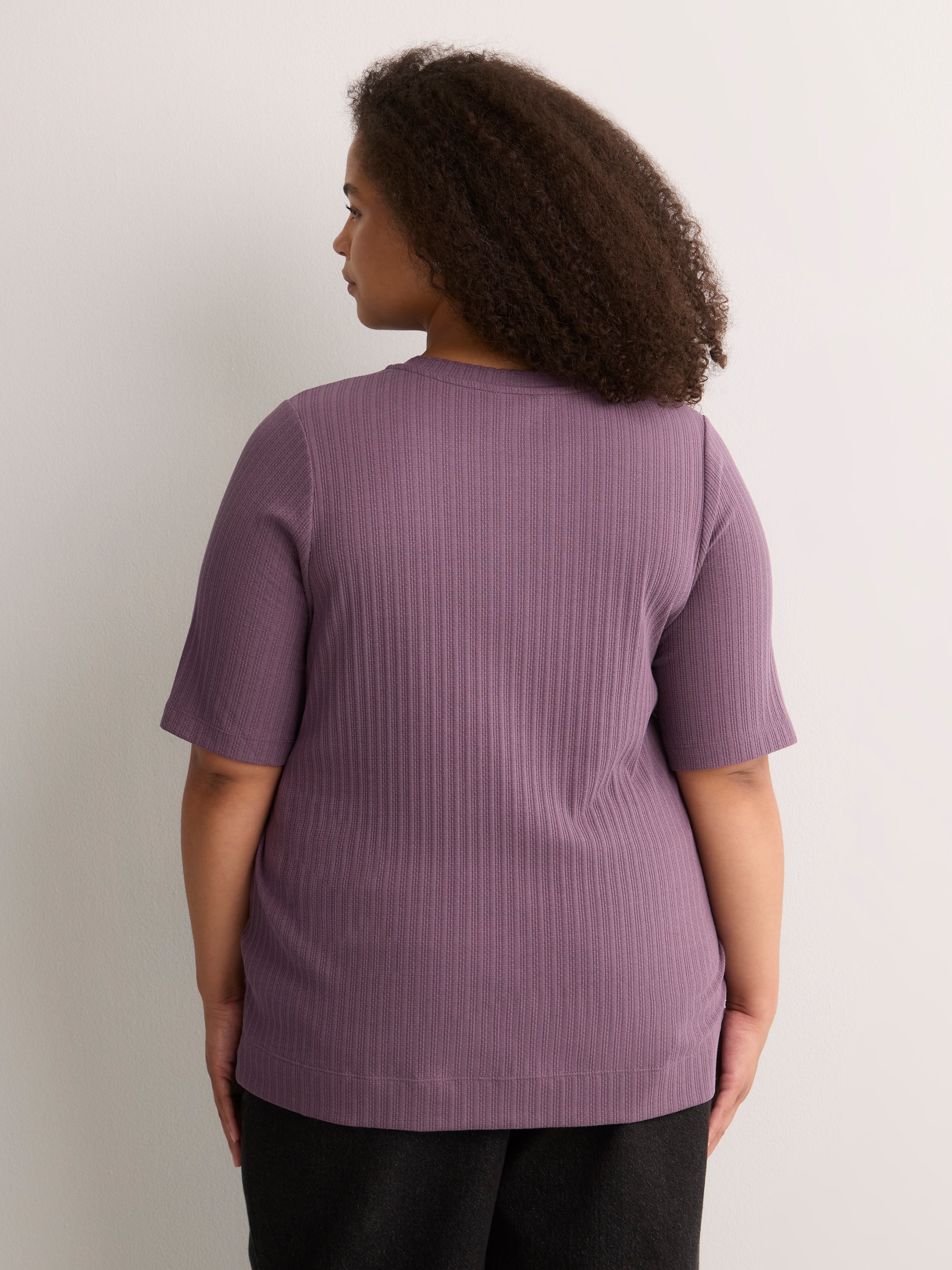 Straight Elbow-Sleeve Plum Pointelle Knit Henley Top