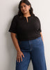 Straight Elbow-Sleeve Ribbed Knit Henley Top