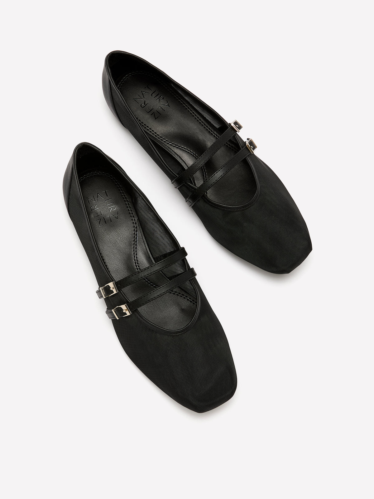 Wide Width, Black Crista Mesh Double Buckle Flat Shoe - Naturalizer