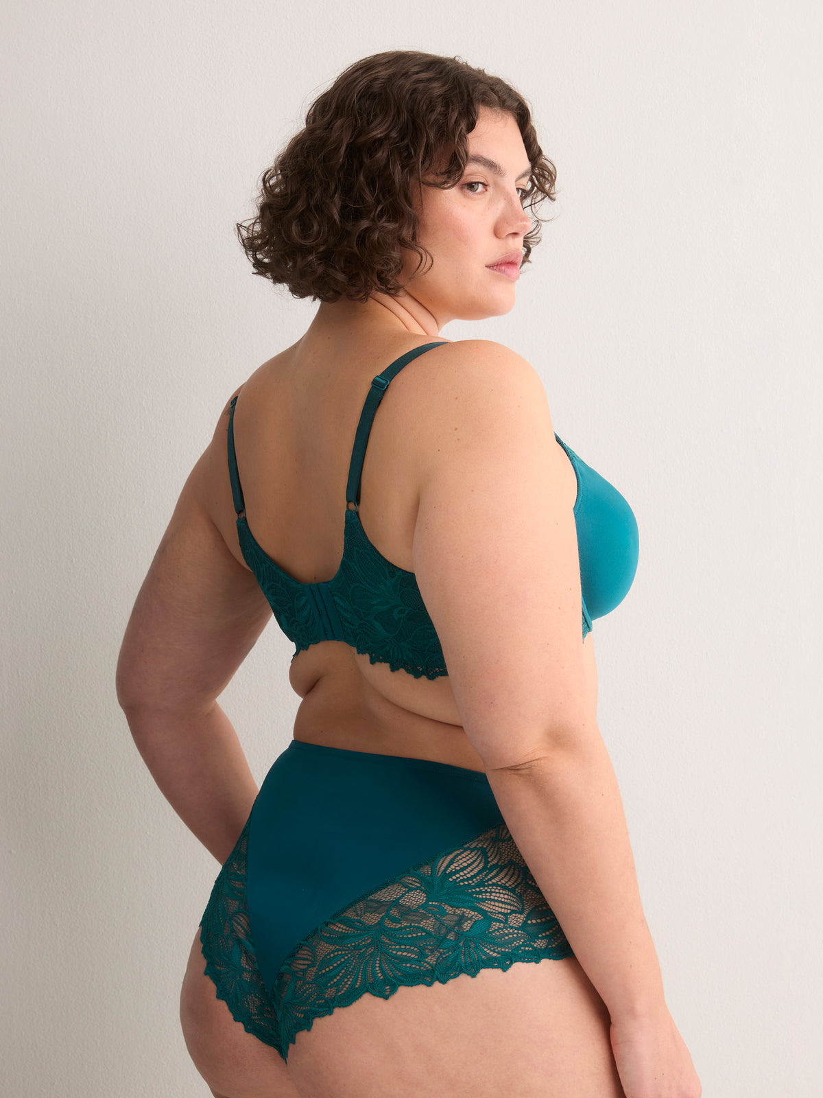 Green Satin Padded Underwire Balconette Bra with Lace - Déesse Collection
