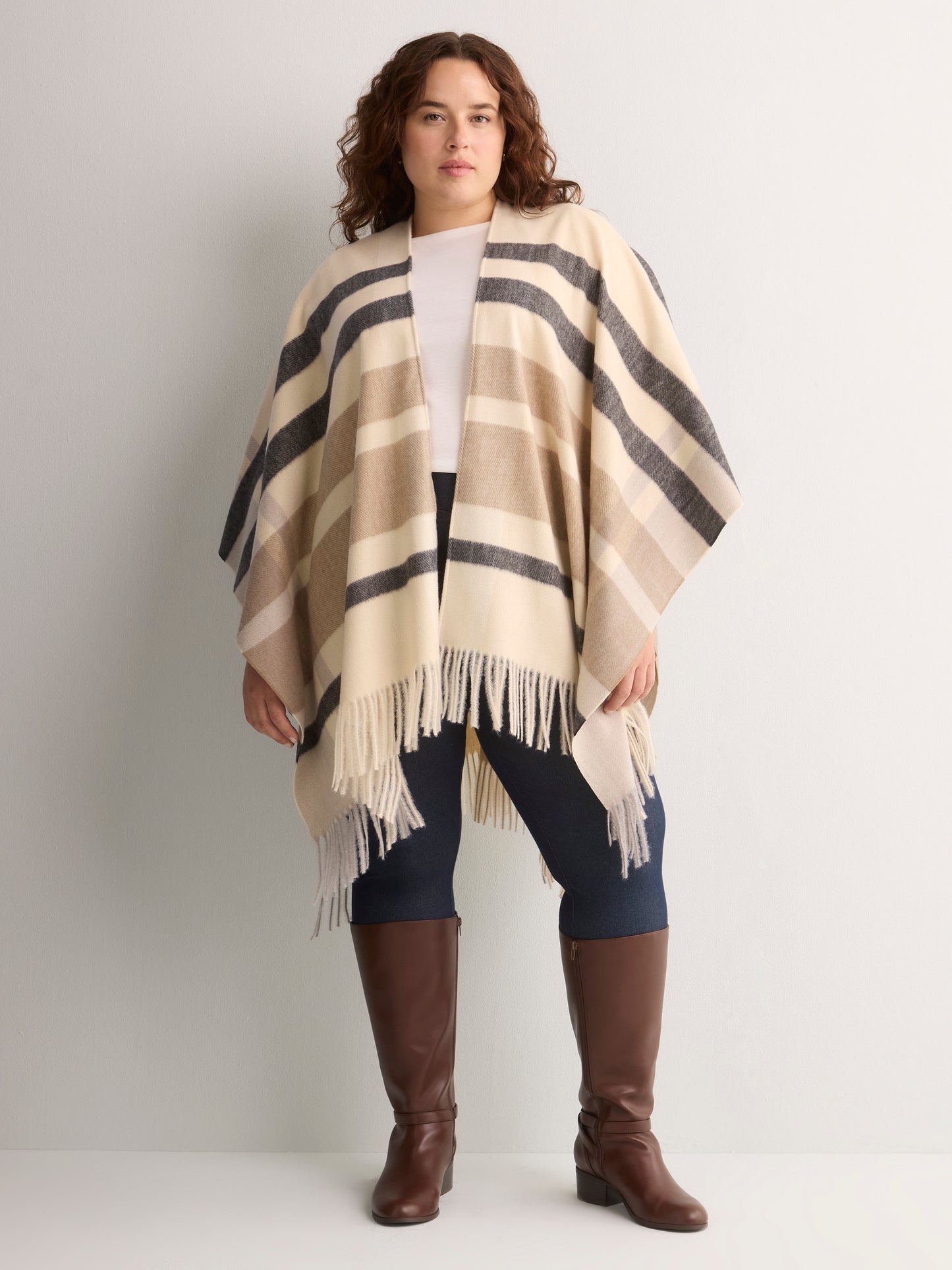 Colourblock Woven Cape with Fringes