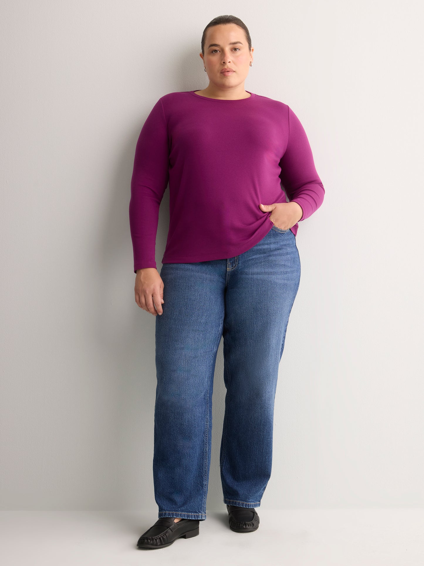 Fitted Long-Sleeve Rib Knit Tee