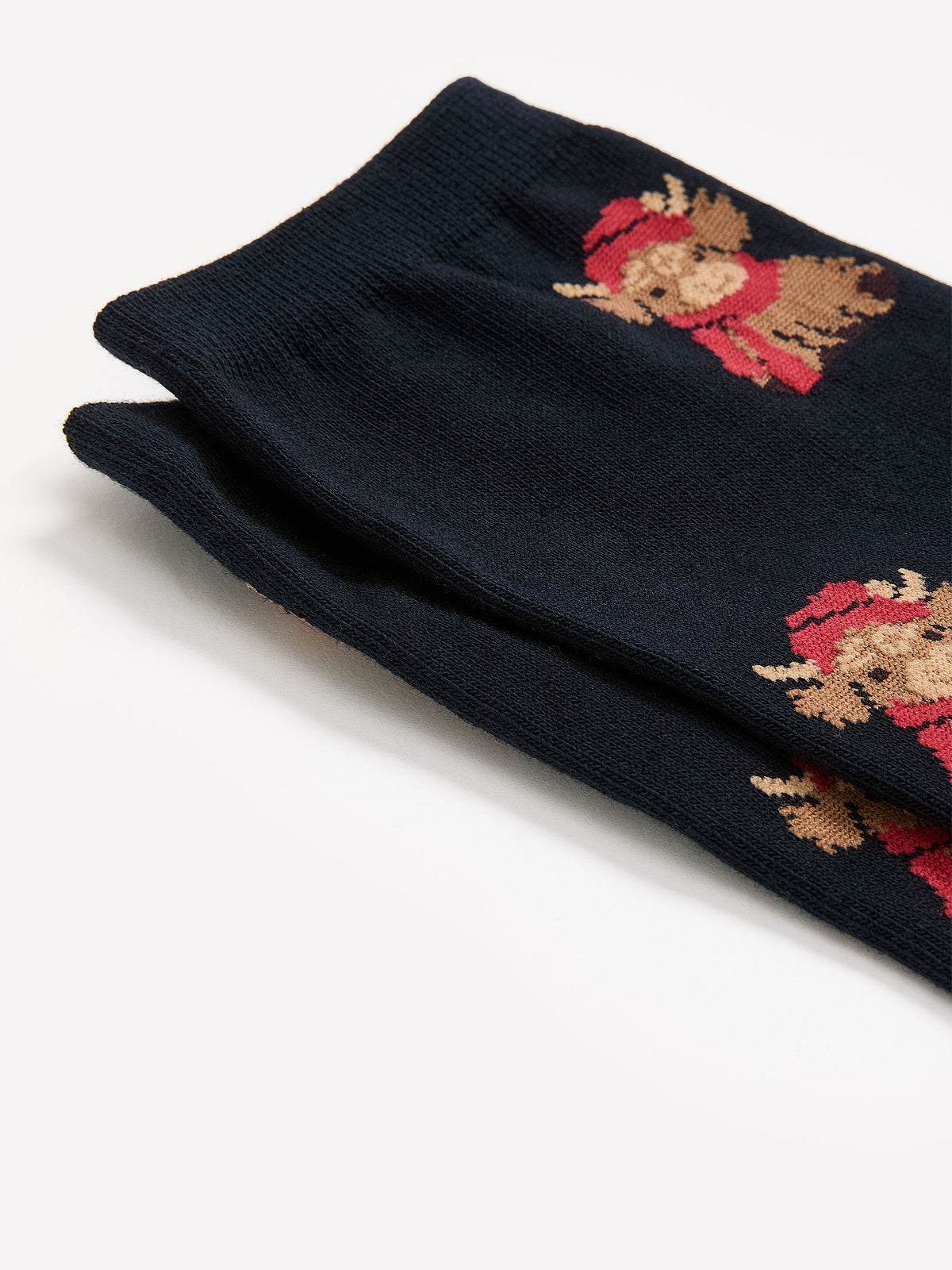 Dark Blue Rolled-Edge Cotton Crew Socks with Highland Cow Print