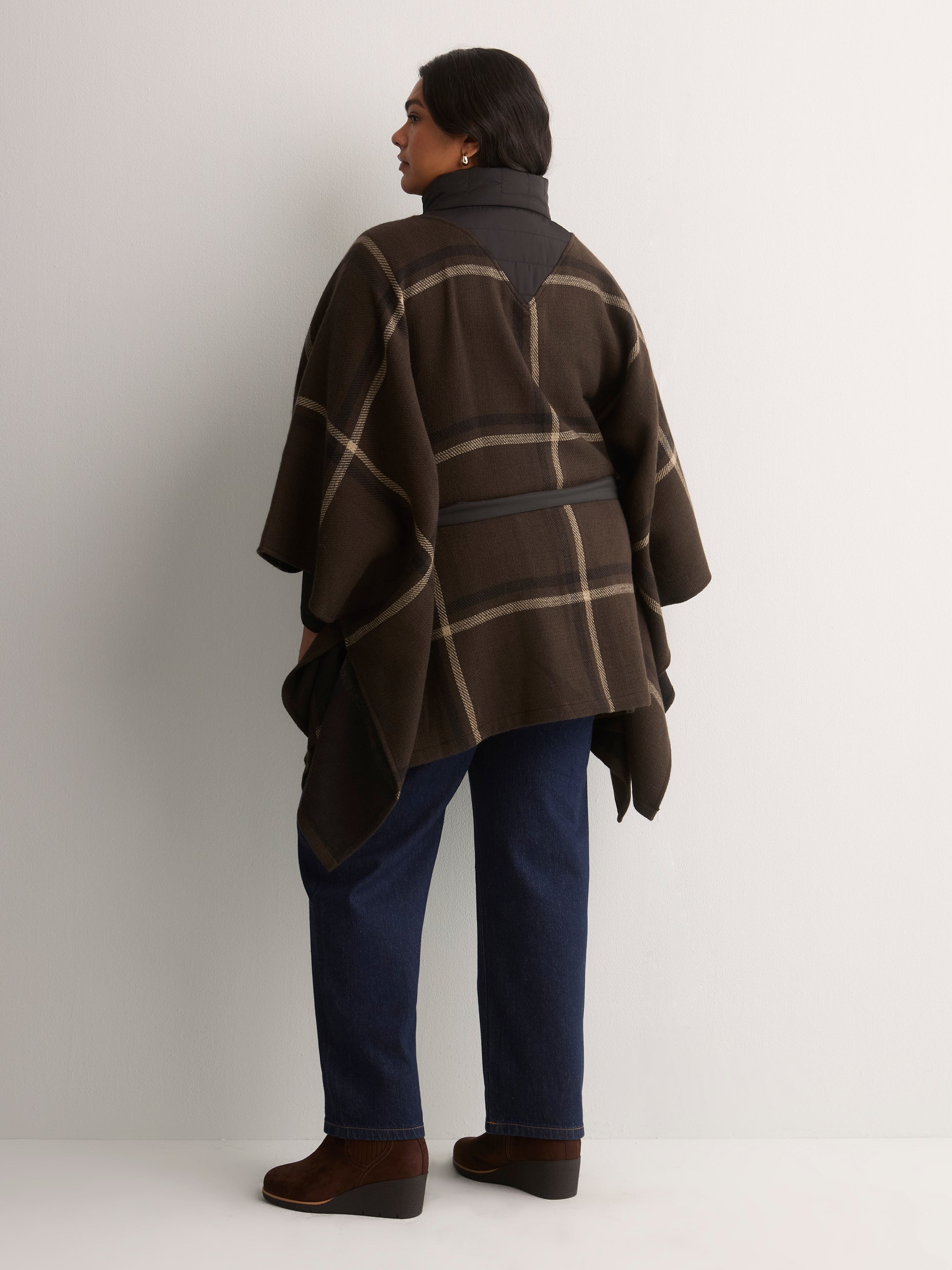 Brown Puffer Neck Cape with Belt and Zipper
