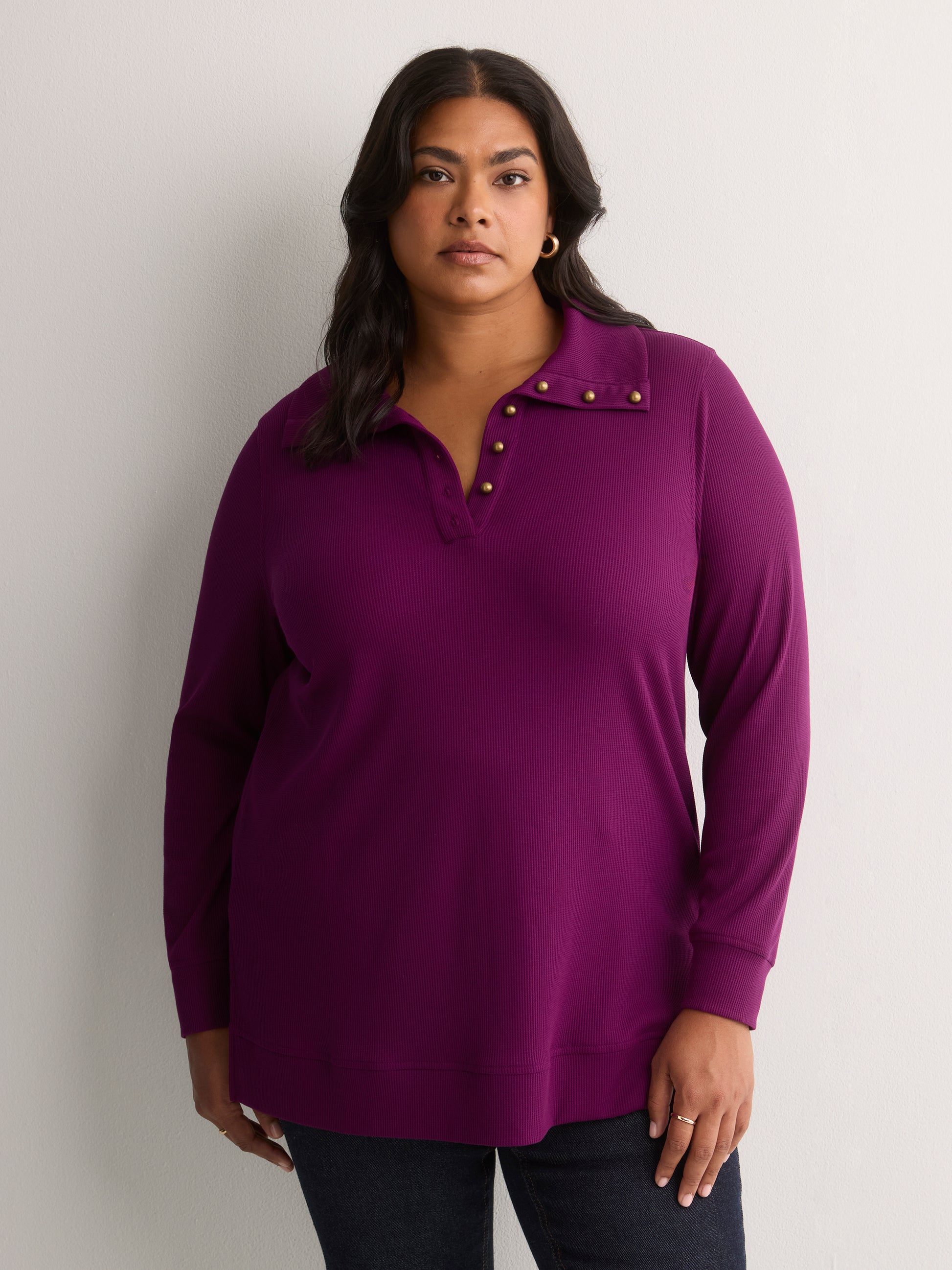 Loose Waffle Knit Tunic with Buttoned Collar