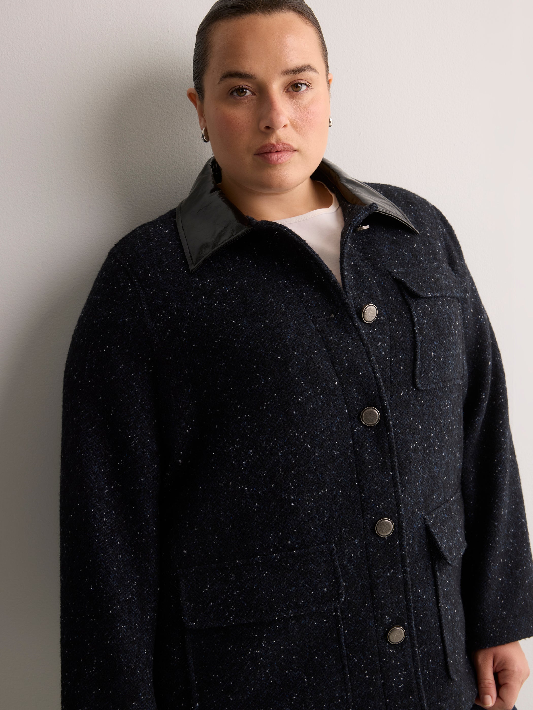 Blue Tweed Barn Jacket with Faux-Leather Collar