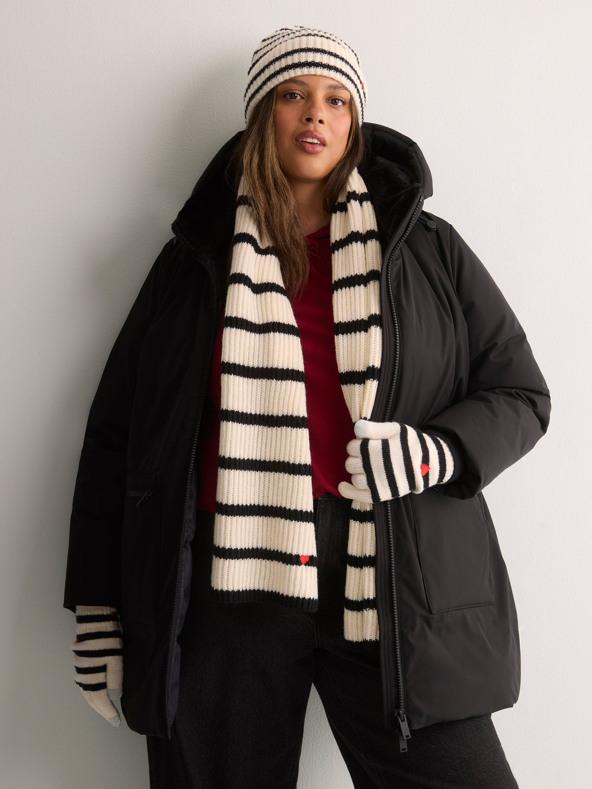 Striped Rib-Knit Scarf with Embroidered Heart