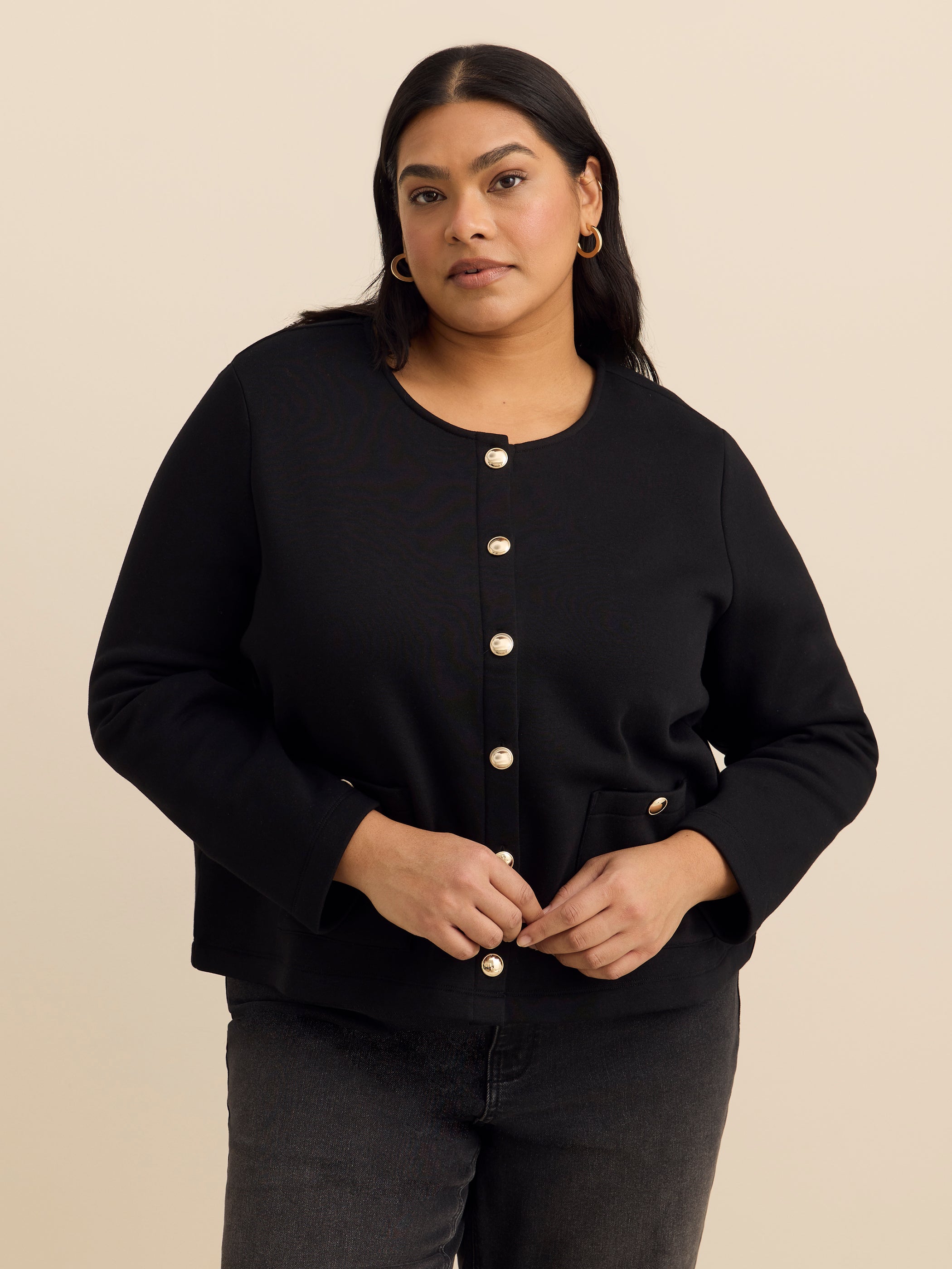 Button-Up Short Cardigan with Pockets