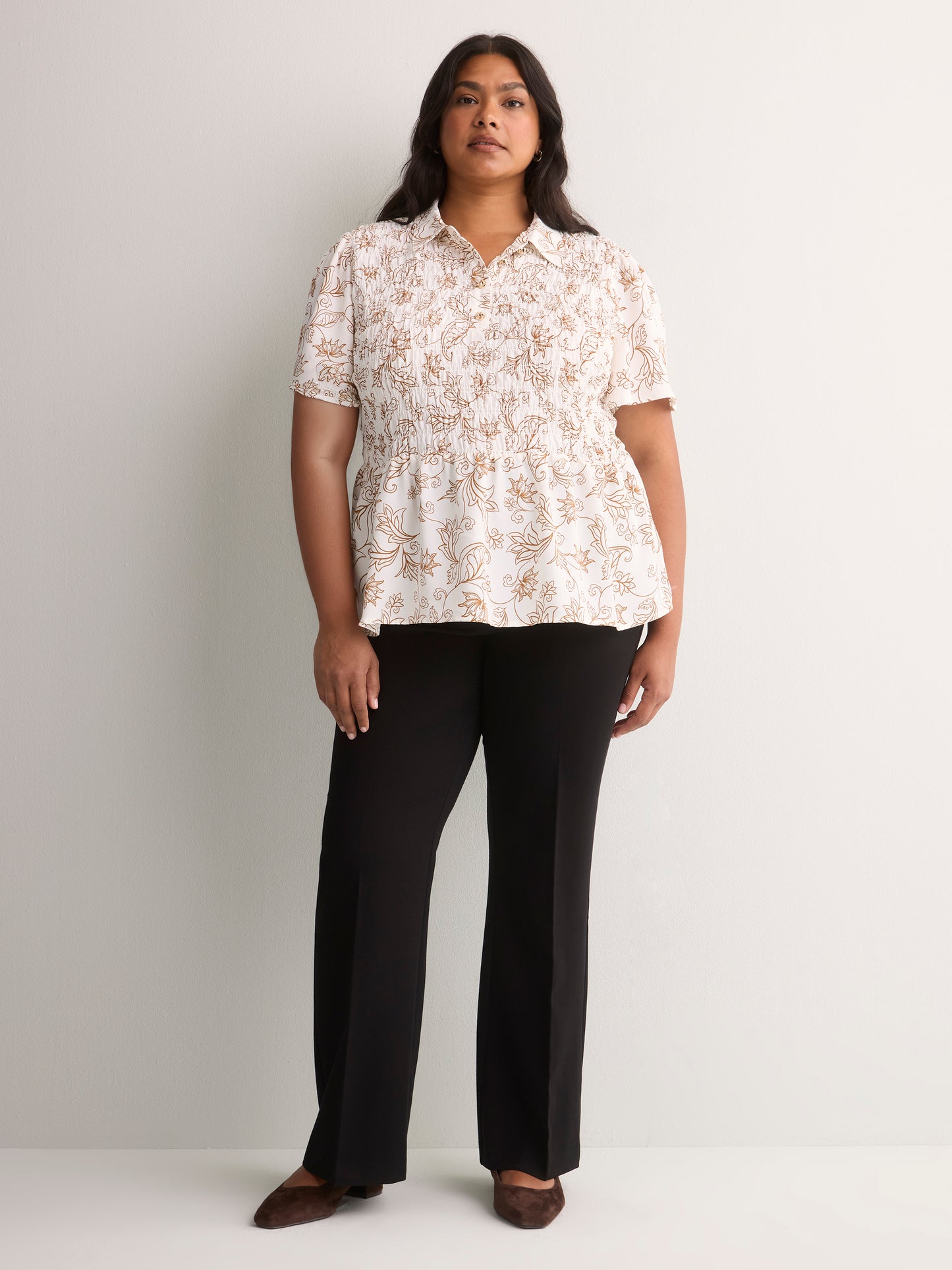 Responsible, Smocking Fit-and-Flare Shirt-Collar Blouse