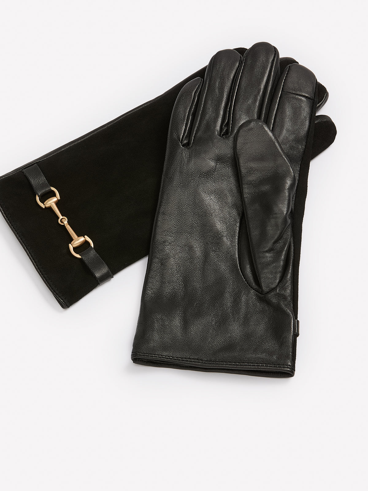 Black Leather and Suede Gloves with Horsebit Chain