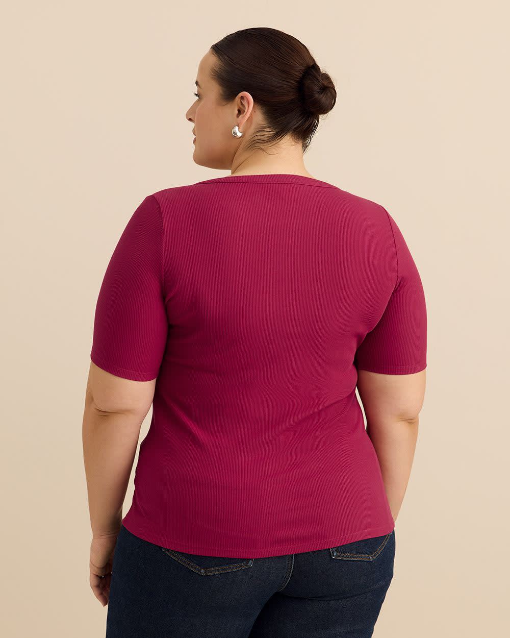 Elbow-Sleeve Top with Lace-Up Front Neckline