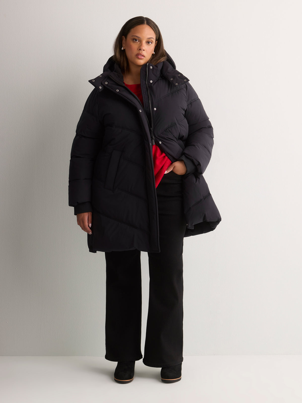 Black Hooded Knee-Length Stretch Puffer Jacket