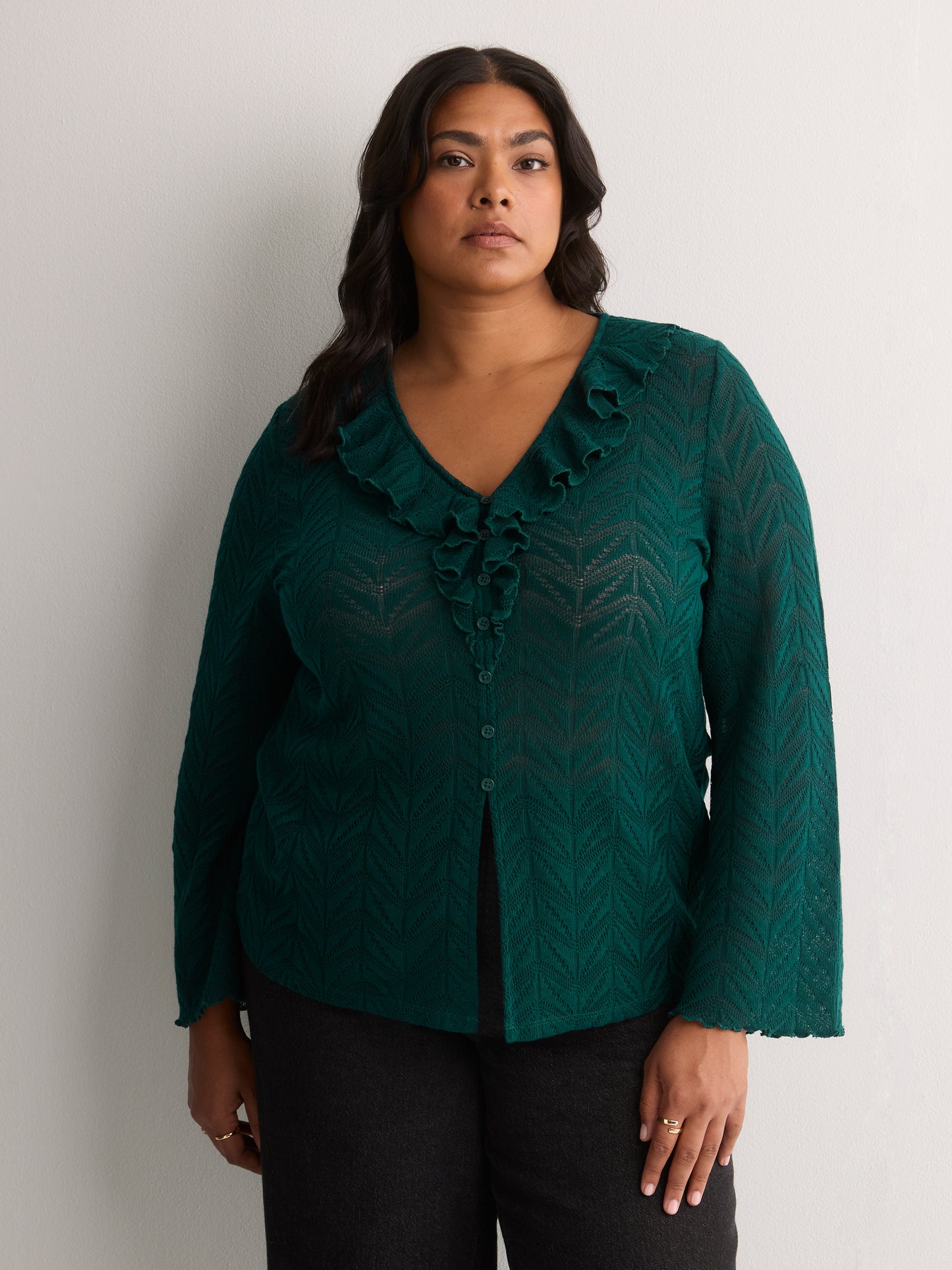 Straight V-Neck Crochet Pointelle Knit Blouse with Trumpet Sleeves