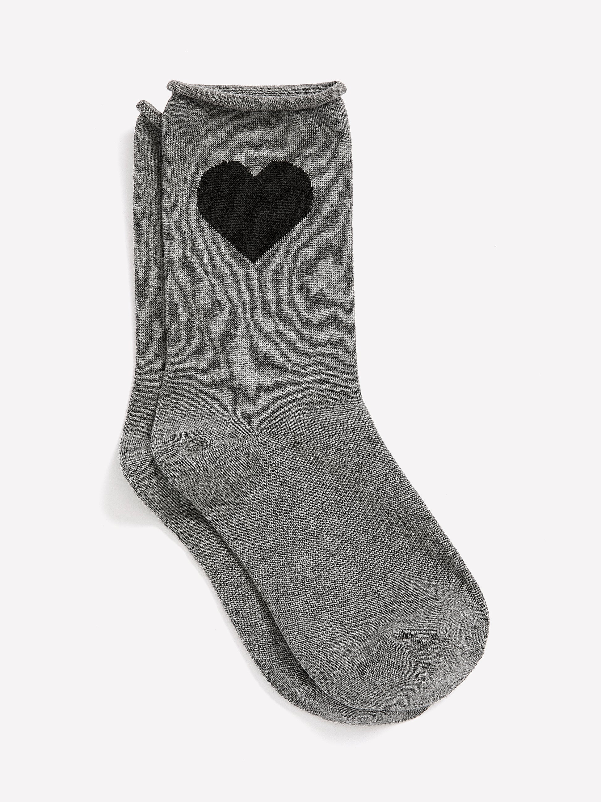 Grey Crew Socks with Heart Placement Print