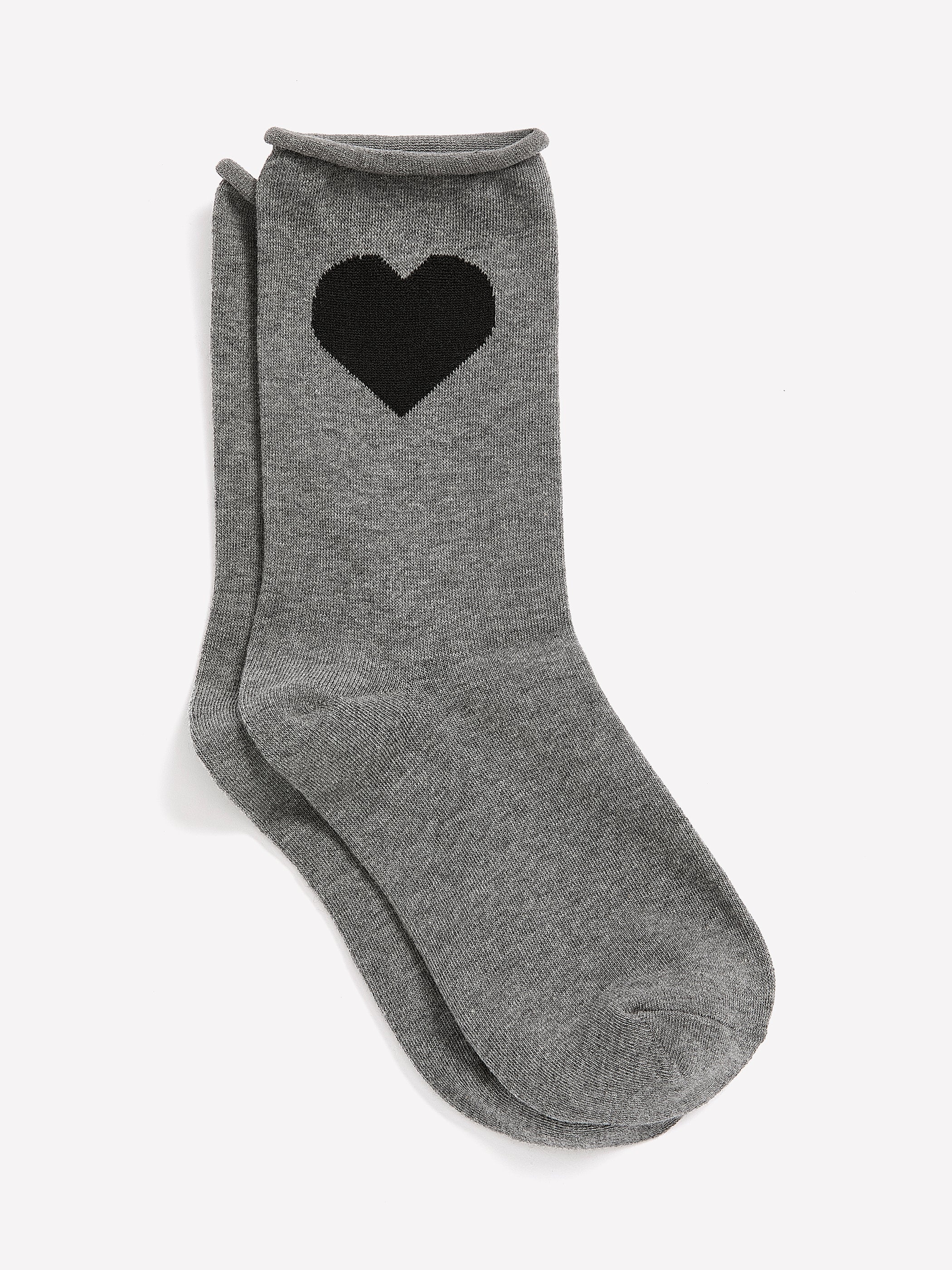 Grey Crew Socks with Heart Placement Print