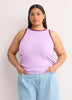 Fitted Halter-Neck Rib Knit Tank Top with Contrast Binding