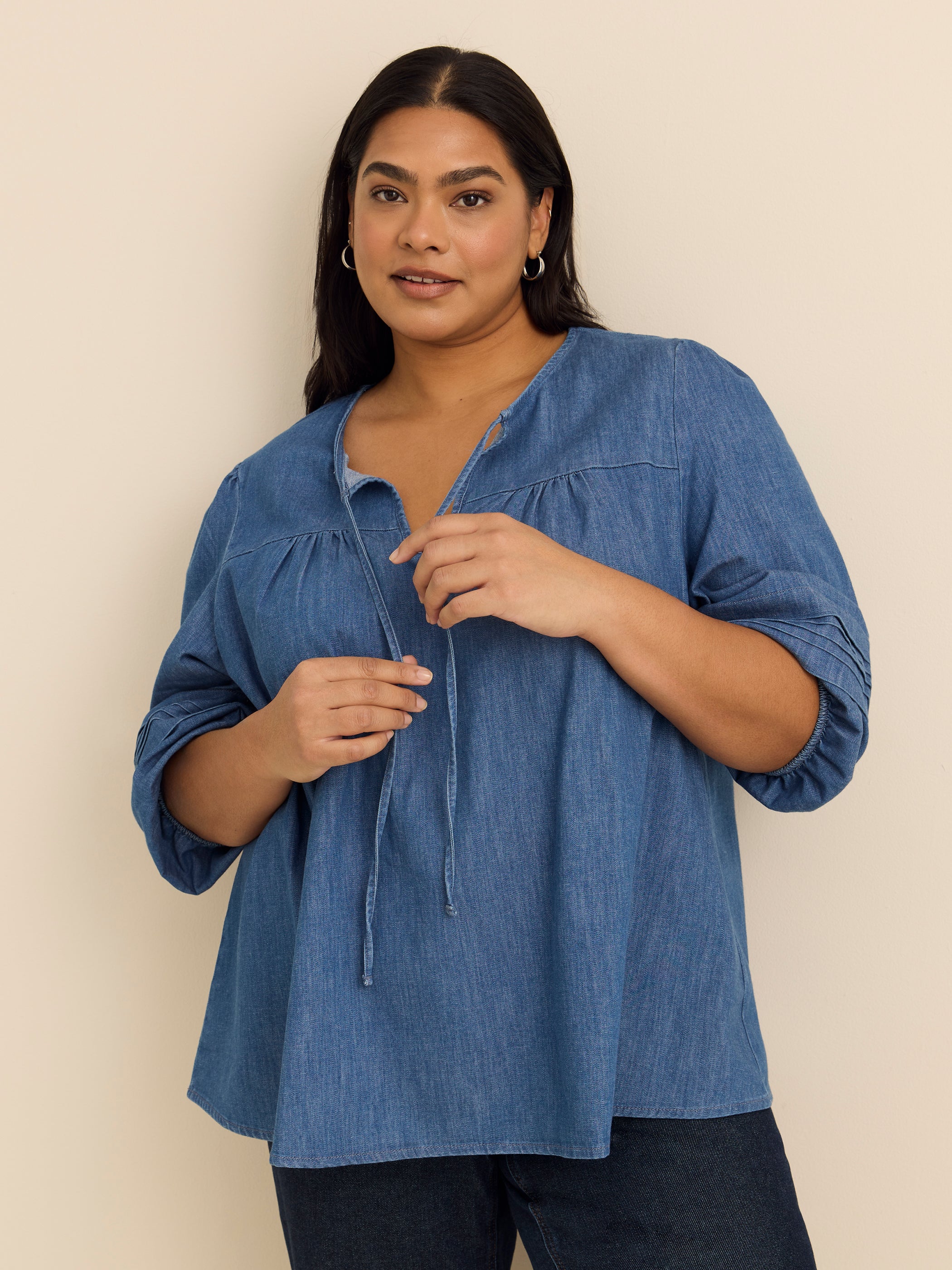 Denim Blouse with Balloon Sleeves