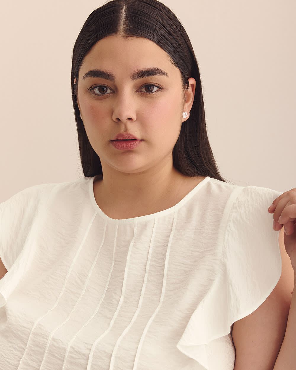 Short Sleeve Ruffle Blouse with Pintucks Detail