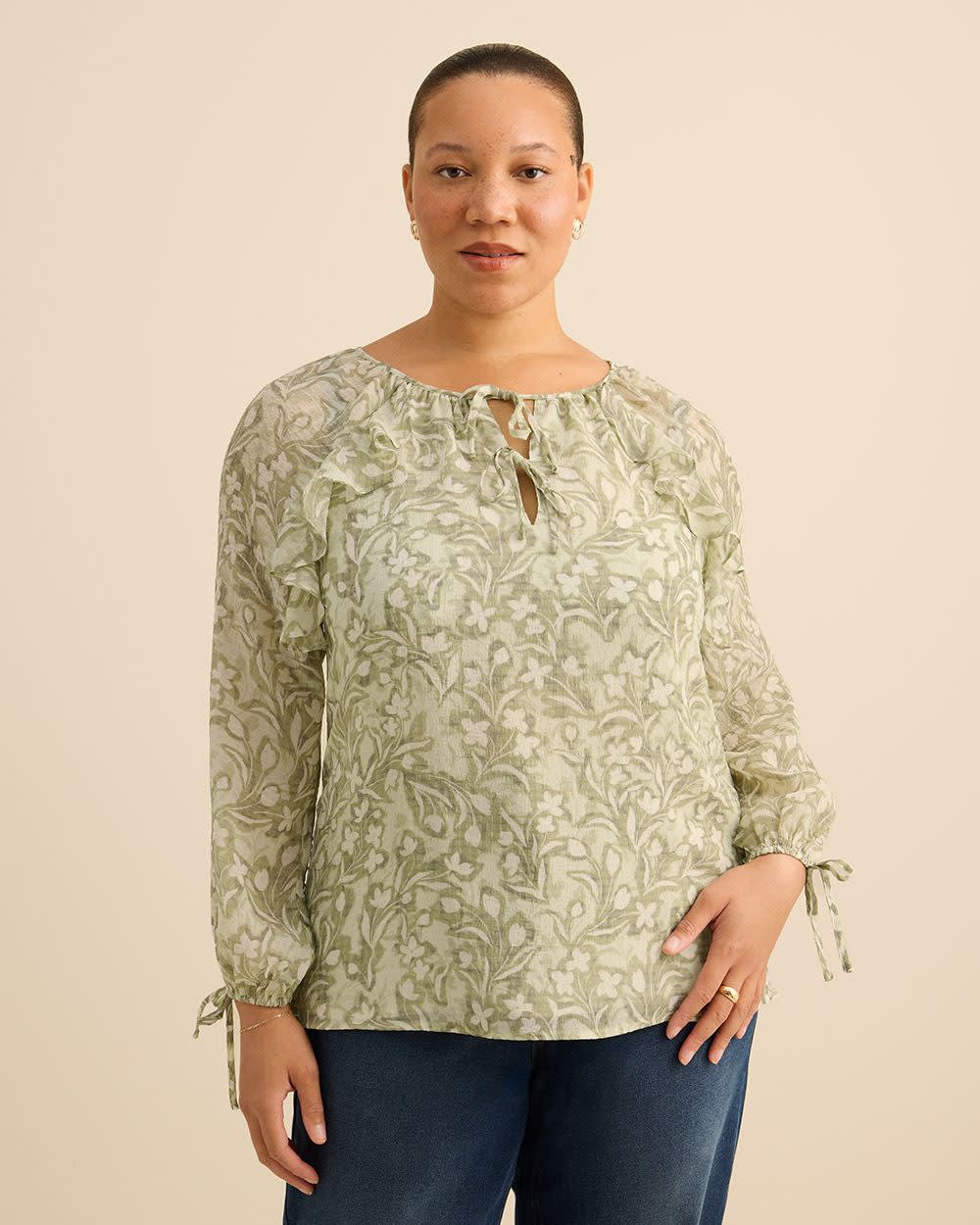 Floral Ruffle Blouse with Front Tie - Addition Elle