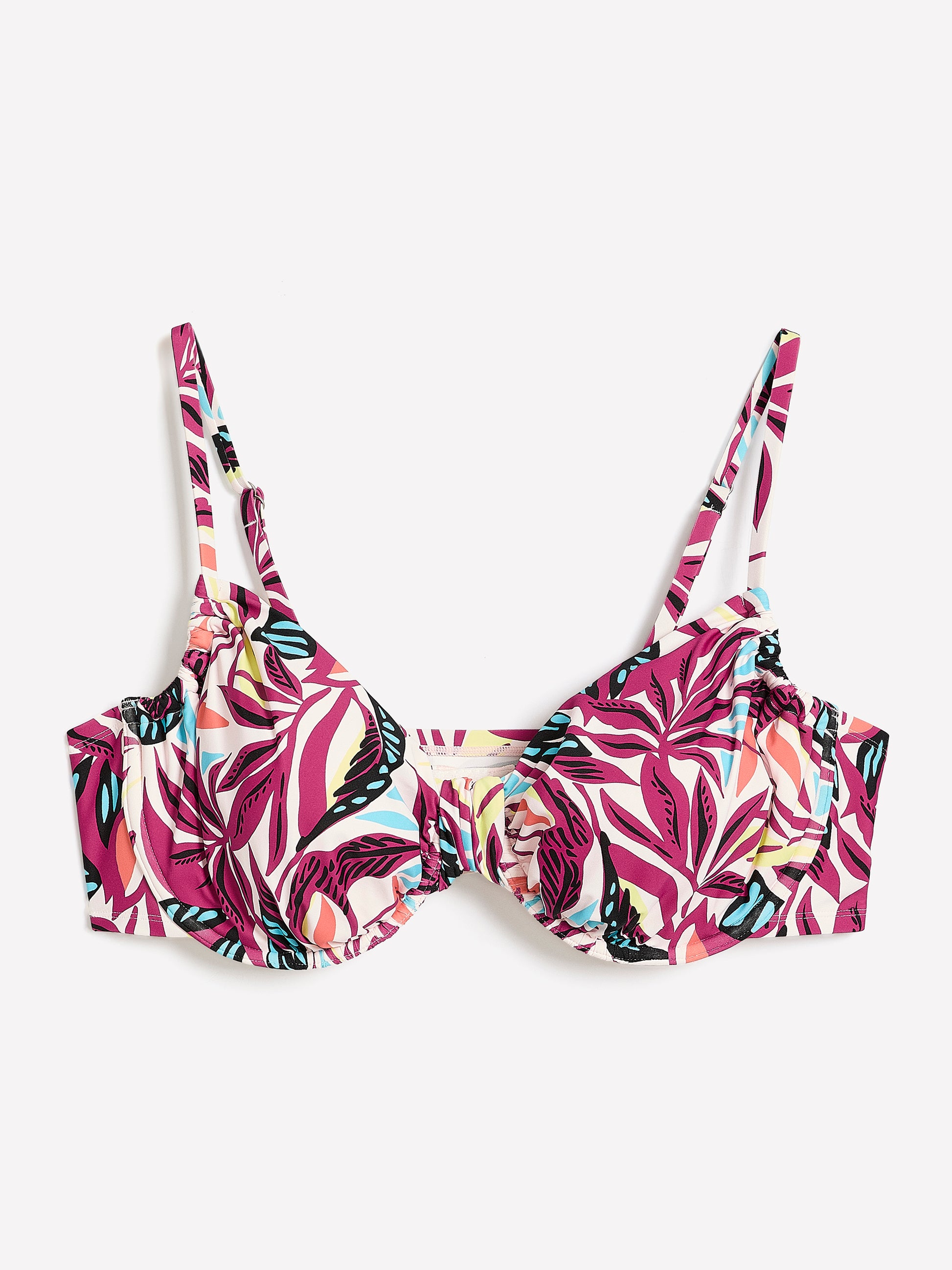 Coloured Foliage-Print Underwire Ruched Bikini Top