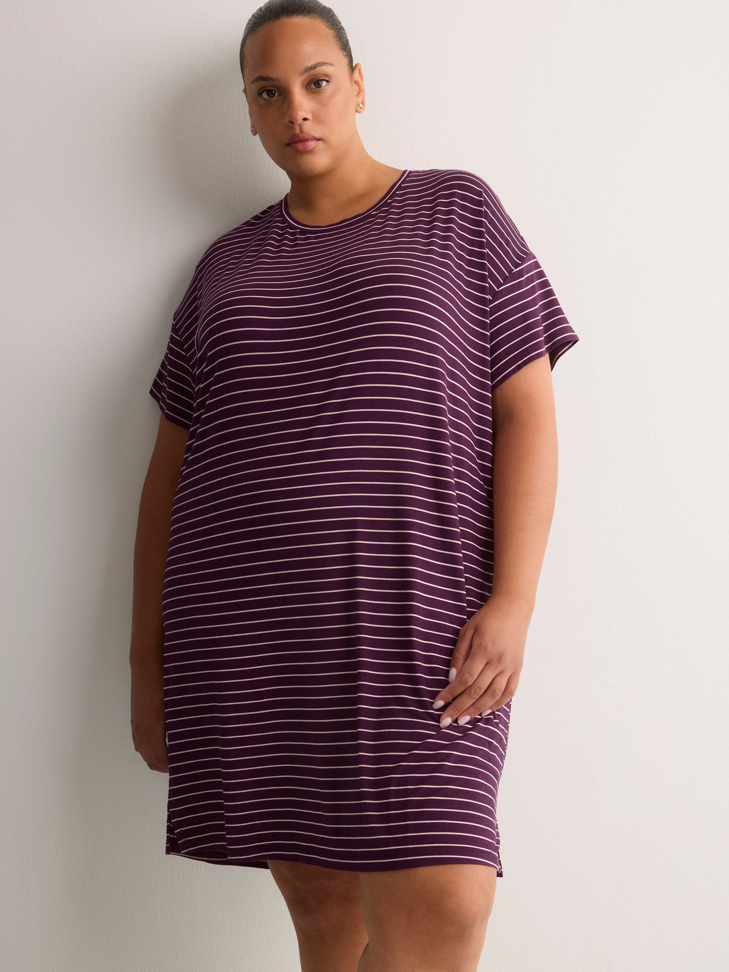 Responsible, Plum Striped Short-Sleeve Sleepshirt - tiVOGLIO