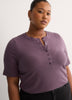 Straight Elbow-Sleeve Plum Pointelle Knit Henley Top