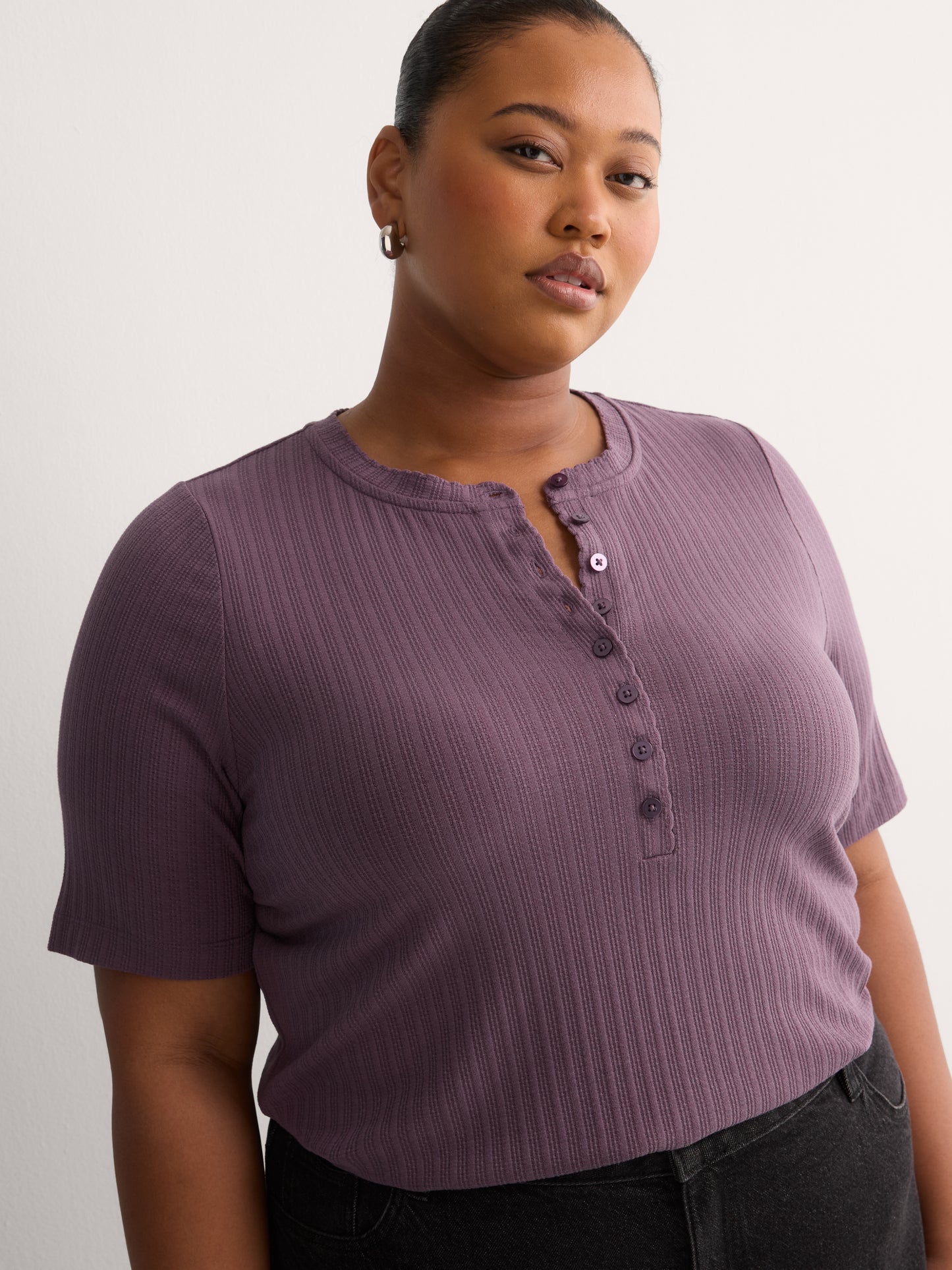 Straight Elbow-Sleeve Plum Pointelle Knit Henley Top