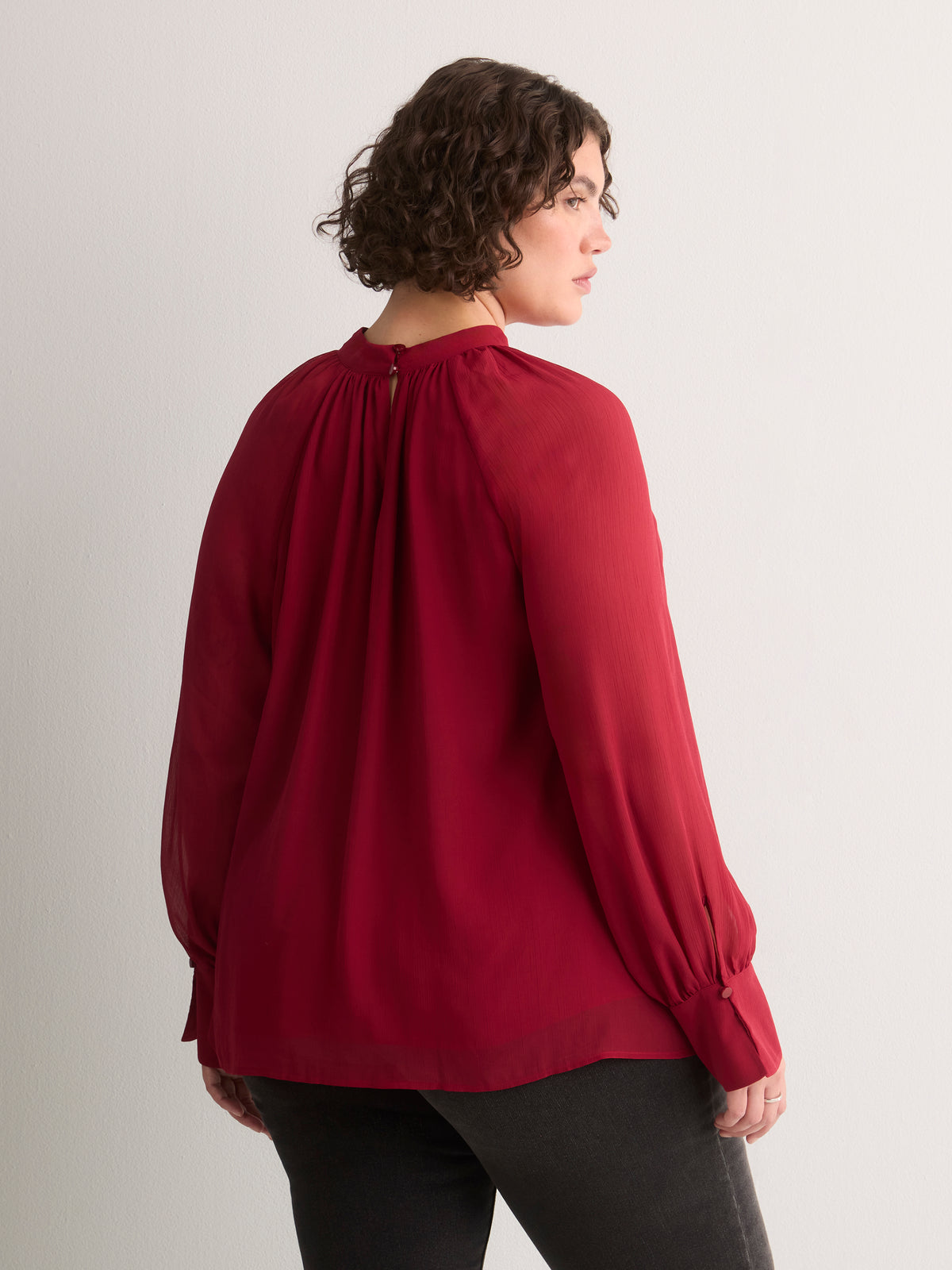 Chiffon Shirred Mock-Neck A-Line Blouse